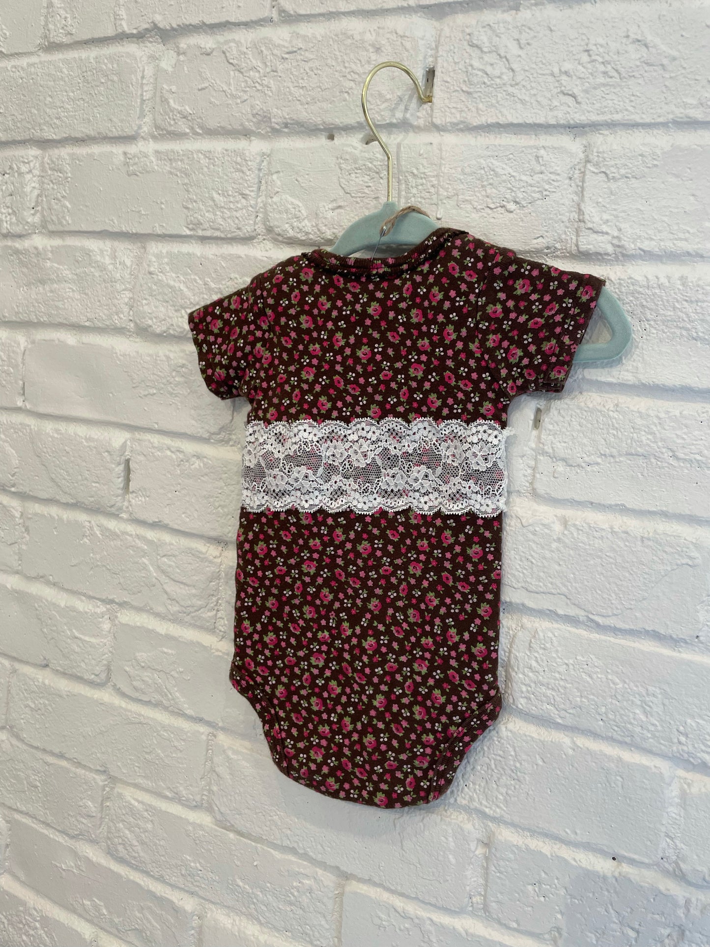 Ditsy Pink Floral Lace Baby Upcycled Bodysuit - Newborn