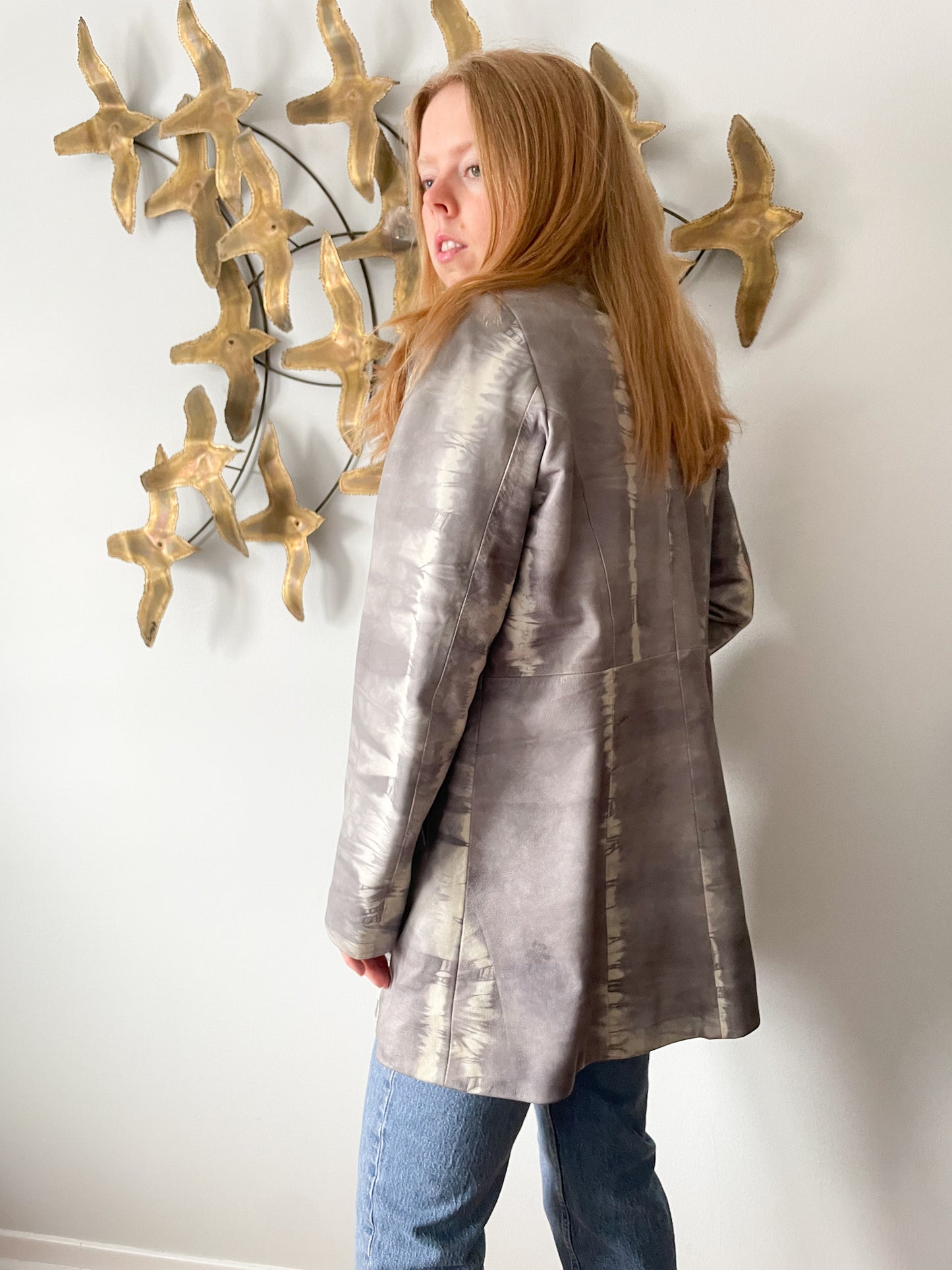 Yes Virginia Grey Tie Dye-Print Genuine Lamb Leather Long Leather Jacket - Medium