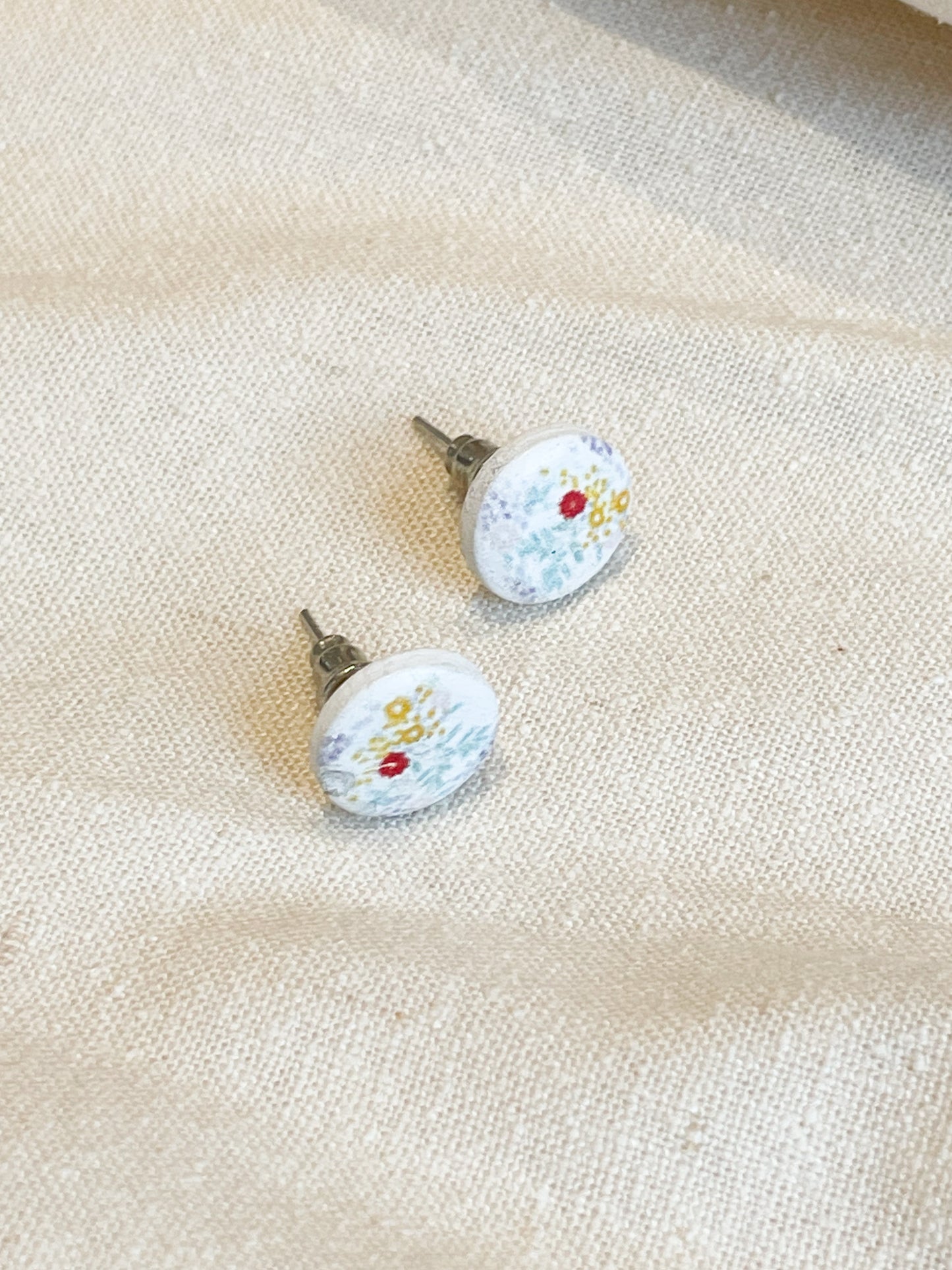 Pastel Floral Painted Circle Stud Earrings