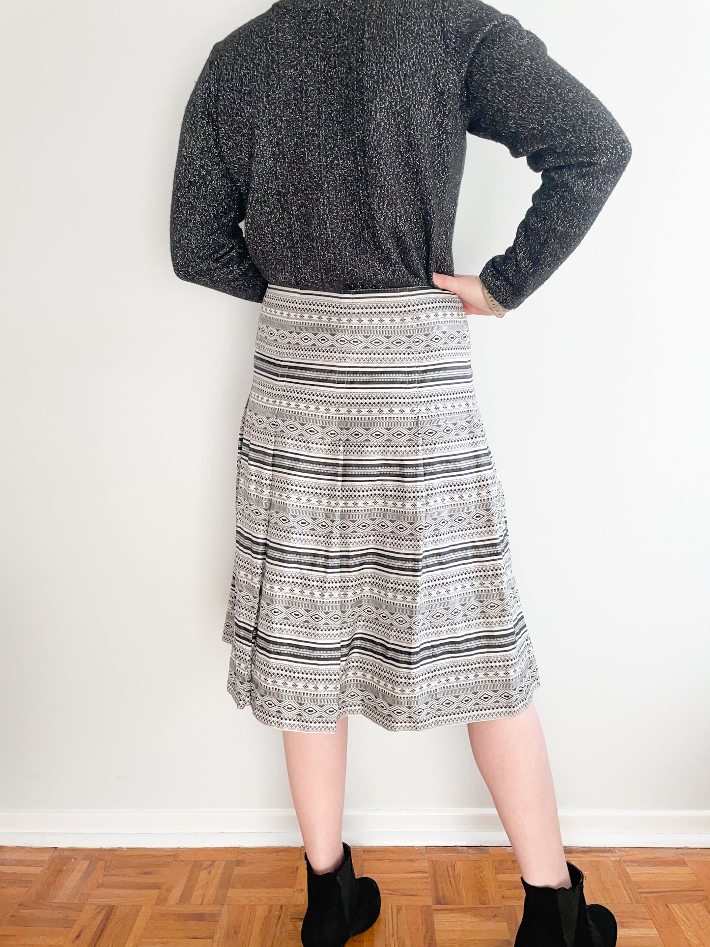 Nine West Black Stripe Pleated Silk Midi Skirt - Size 6