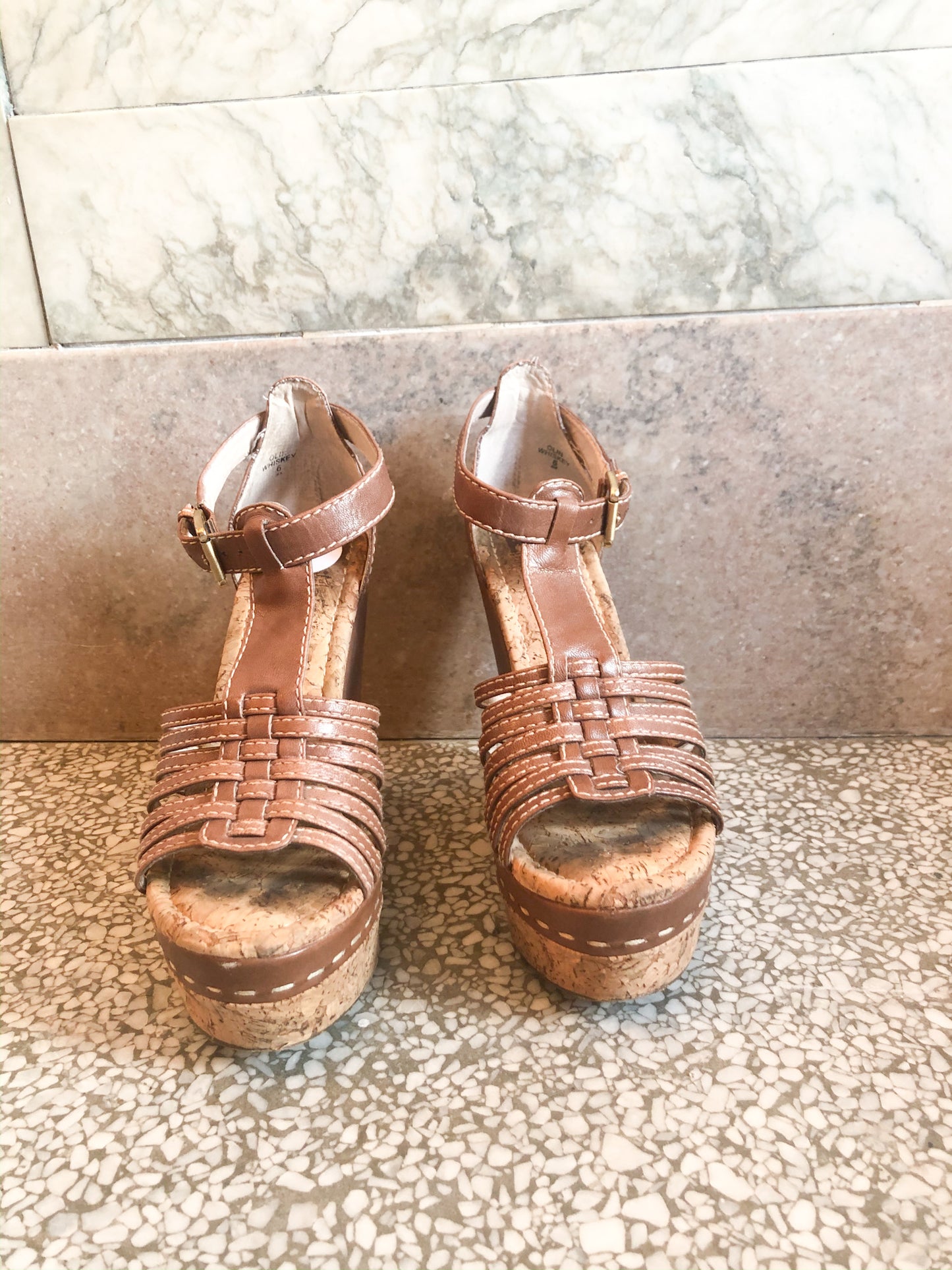 MRKT Brown Cork Leather Platform Wedge Sandals - Le Prix Fashion & Consulting