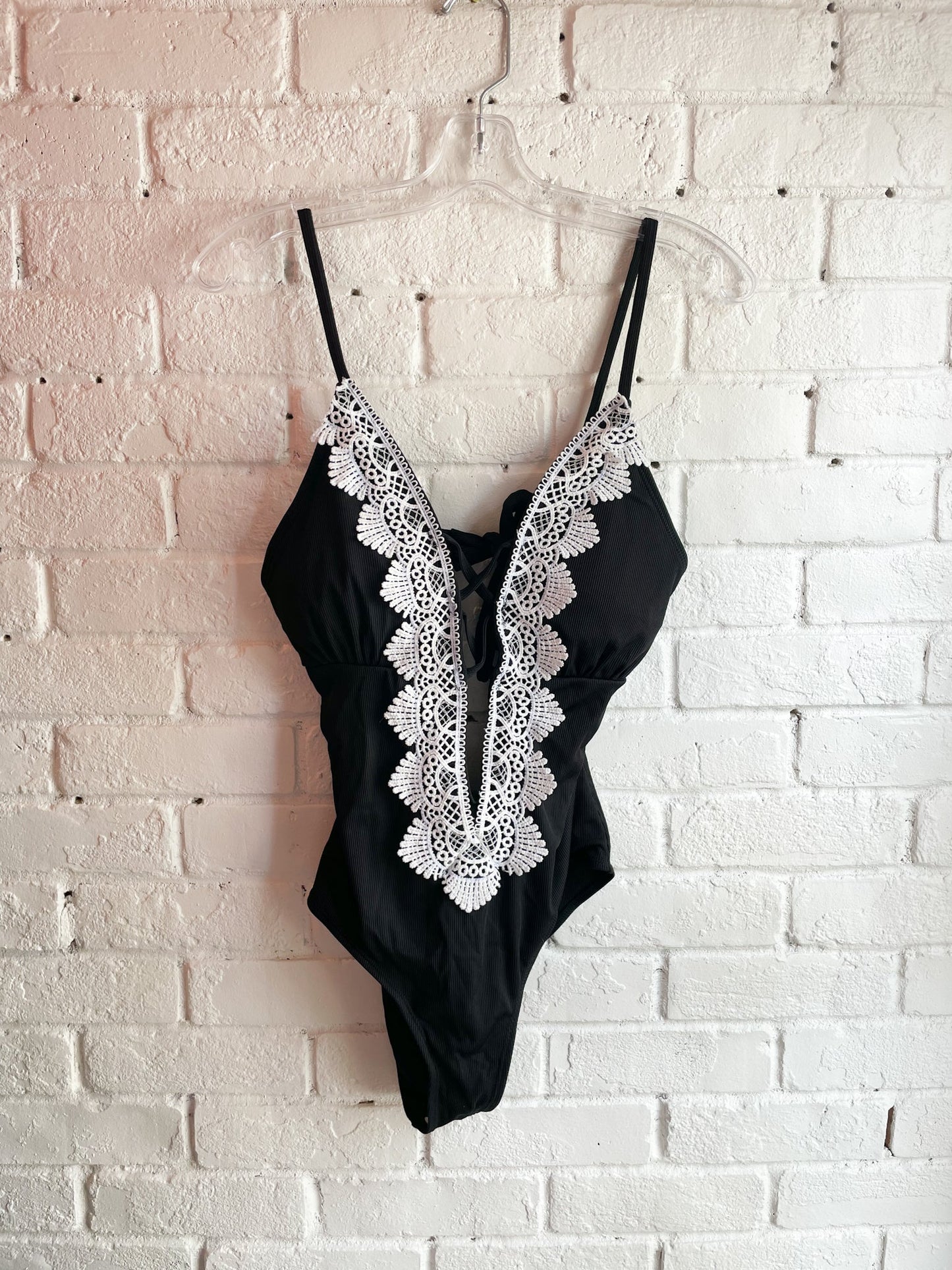 Black White Lace Cutout Open Back One Piece Swimsuit -  XL