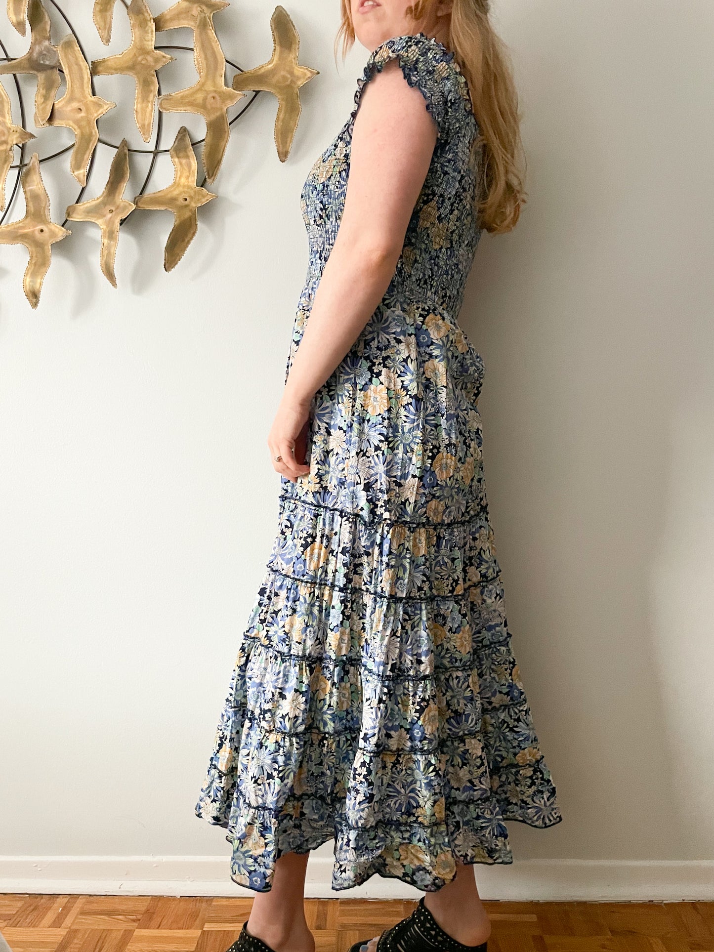 Heartloom Blue Floral Smocked Cap Sleeve Cotton Tiered Ruffle Maxi Dress - XL