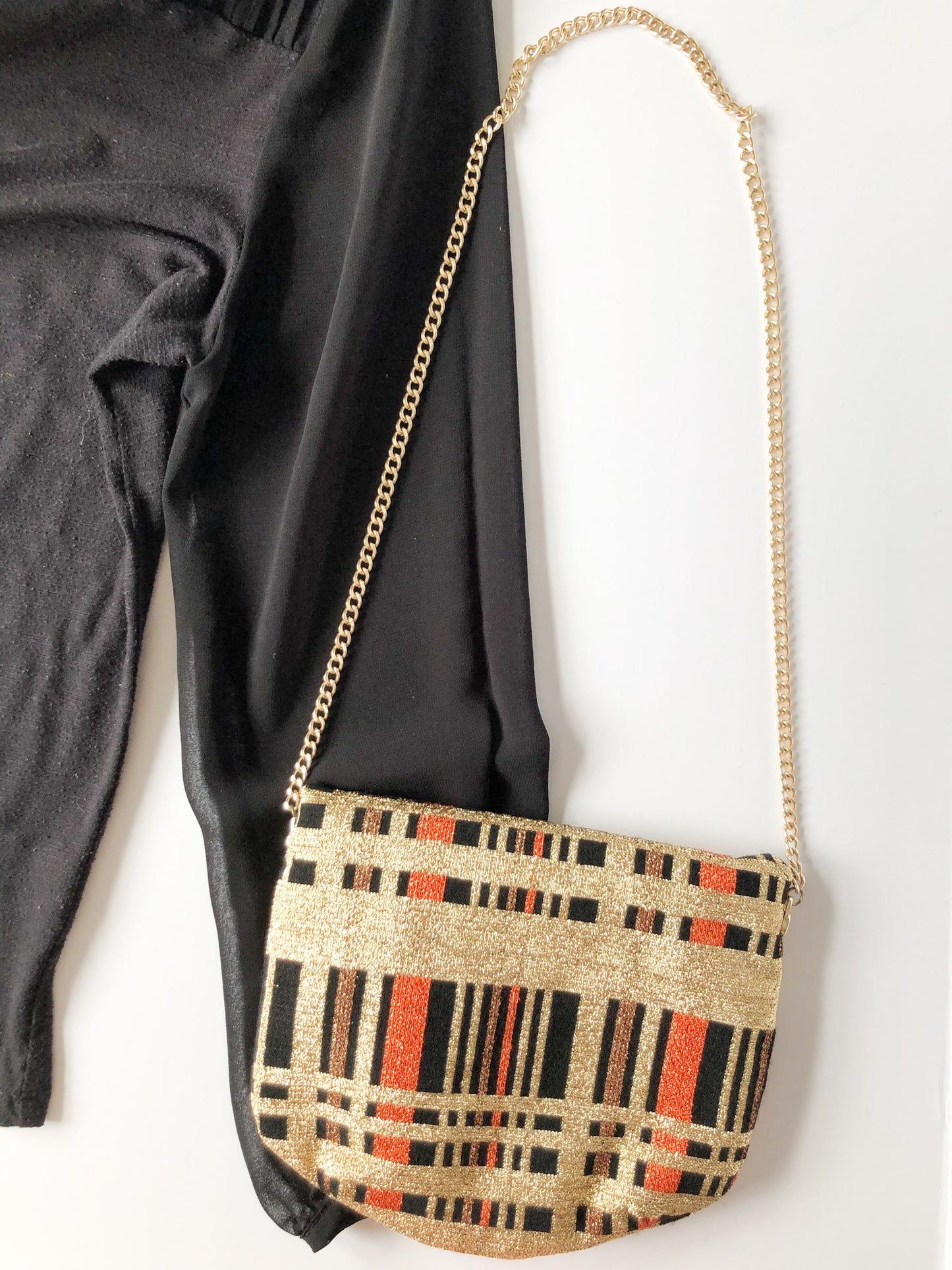 Vintage Walborg Handmade Gold Black and Orange Lame Clutch Purse - Made in Japan