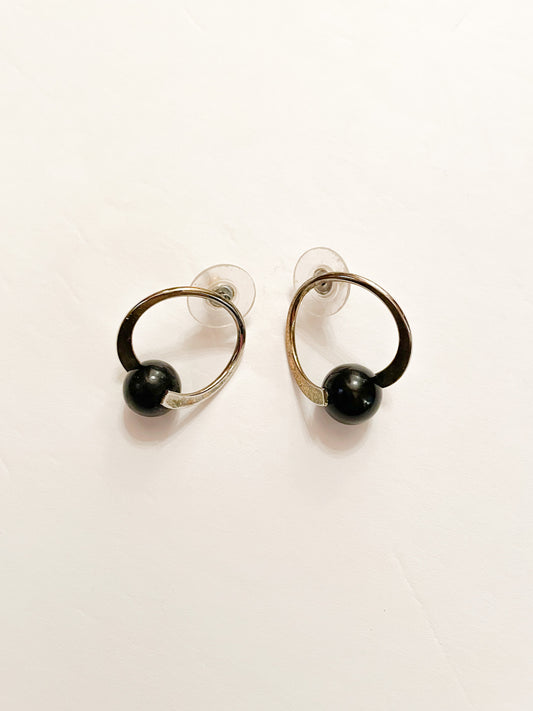 Vintage Silver Loop and Black Bead Earrings