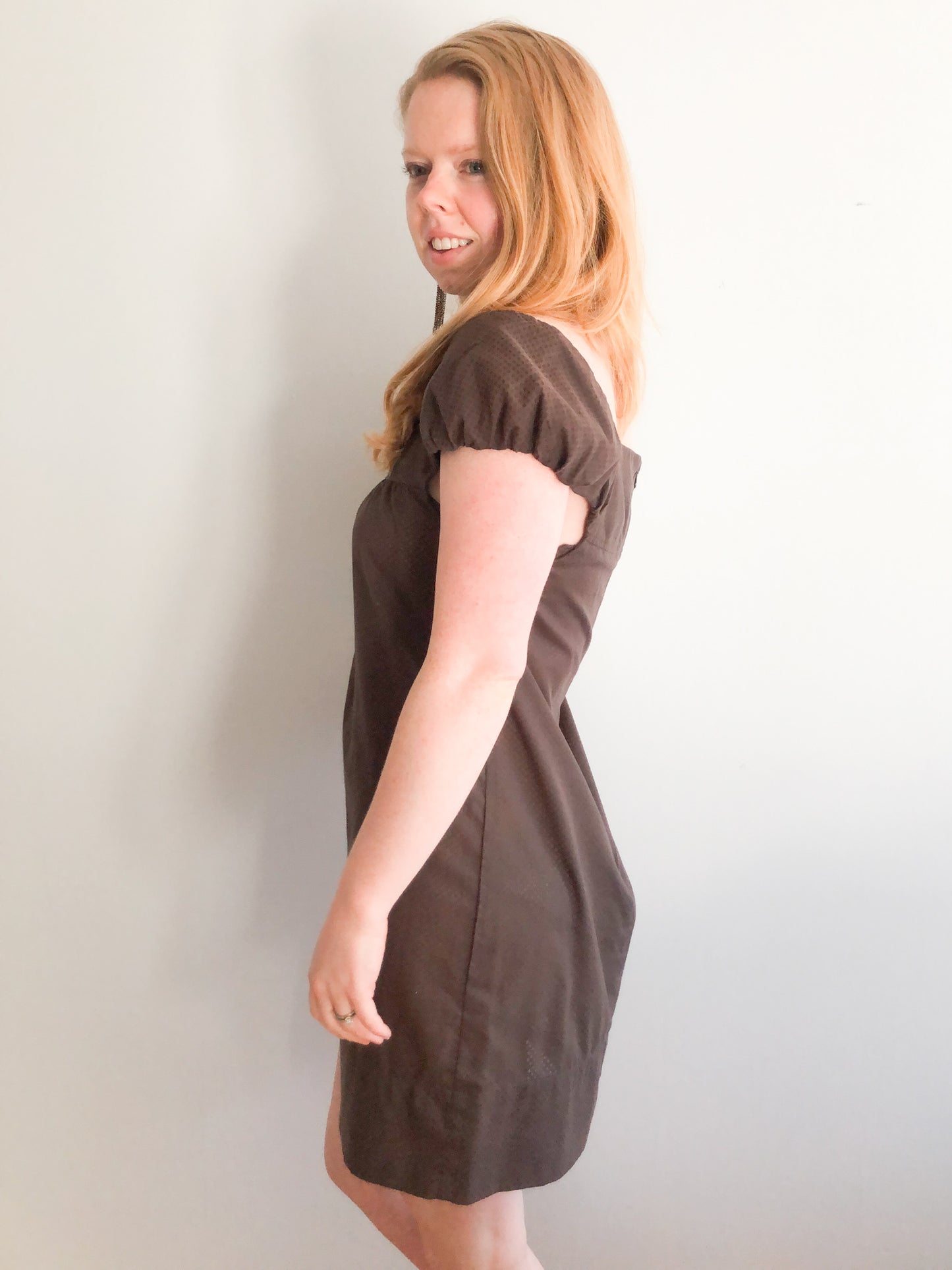 Kensie Brown Polkadot Puff Sleeve Shift Dress - Small