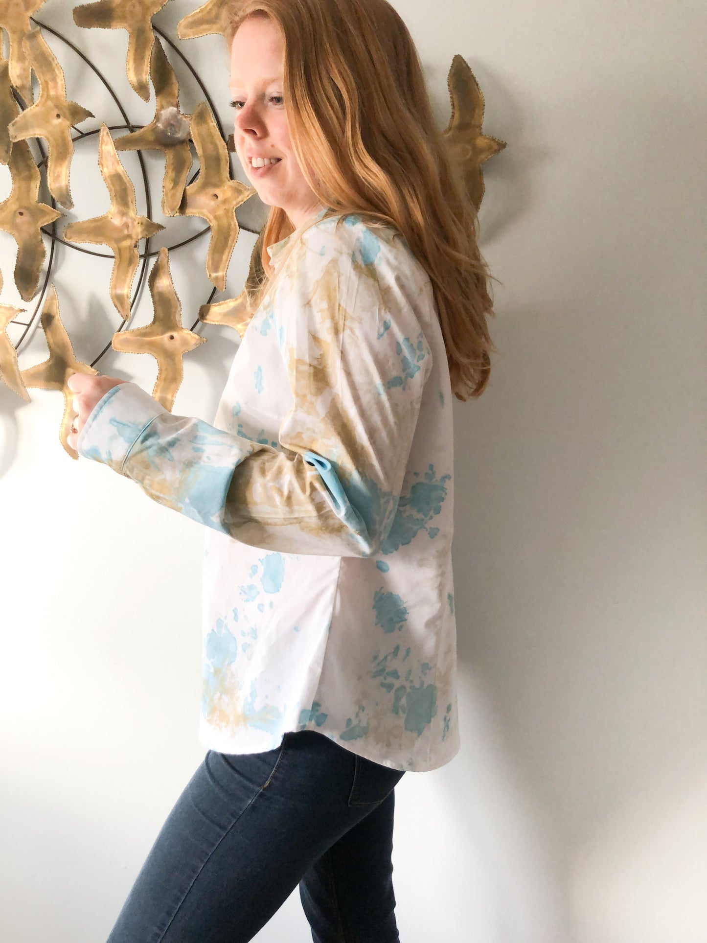 Upcycled Blue Gold Watercolor Cotton Stretch Button Down Blouse - M/L