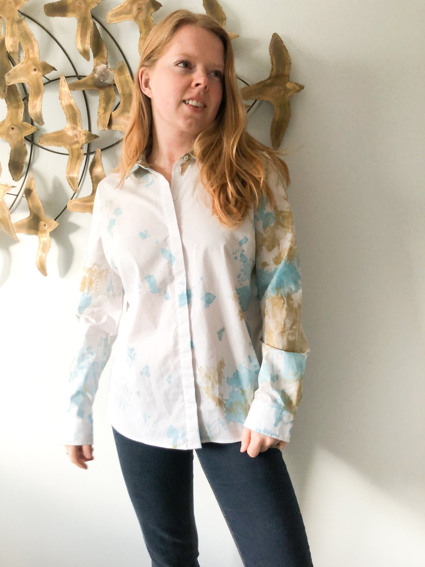 Upcycled Blue Gold Watercolor Cotton Stretch Button Down Blouse - M/L