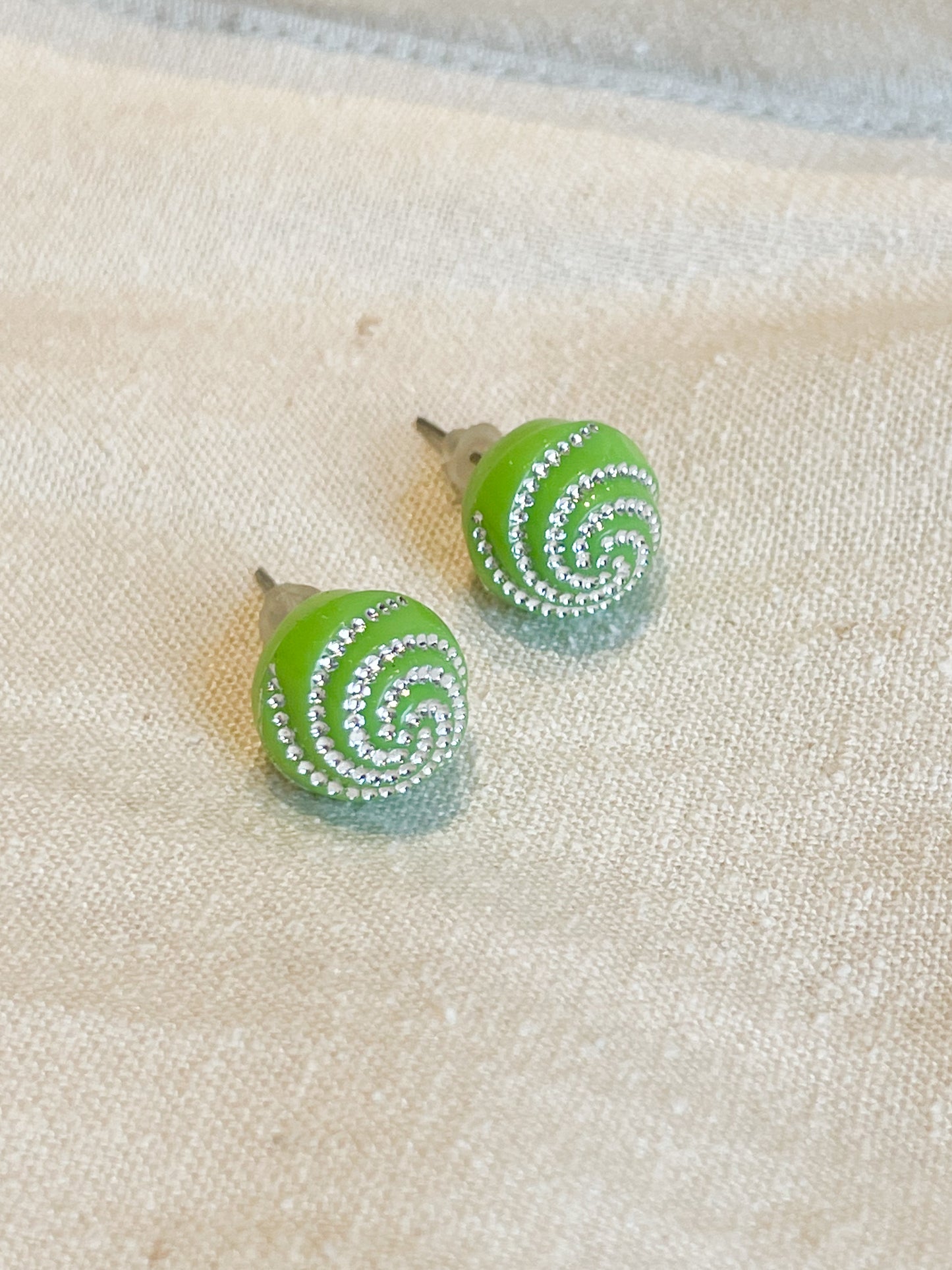 Lime Green Silver Swirl Stud Earrings