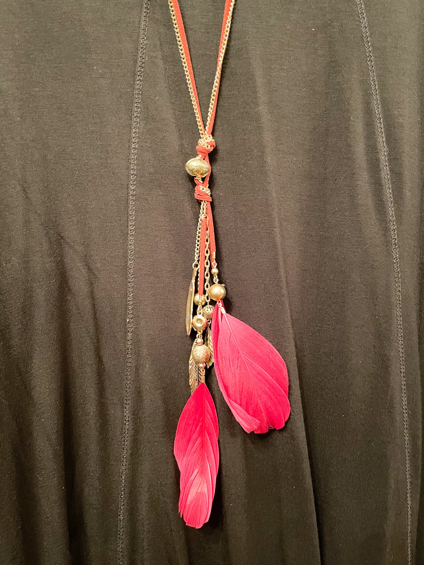 Red & Gold Feather Long Dangle Necklace