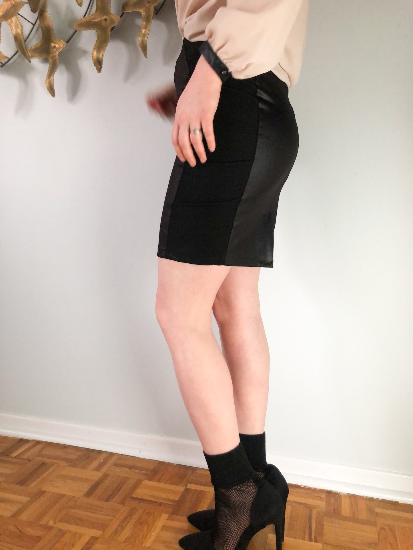 Black High Waist Sheen Paneled Mini Skirt - Small