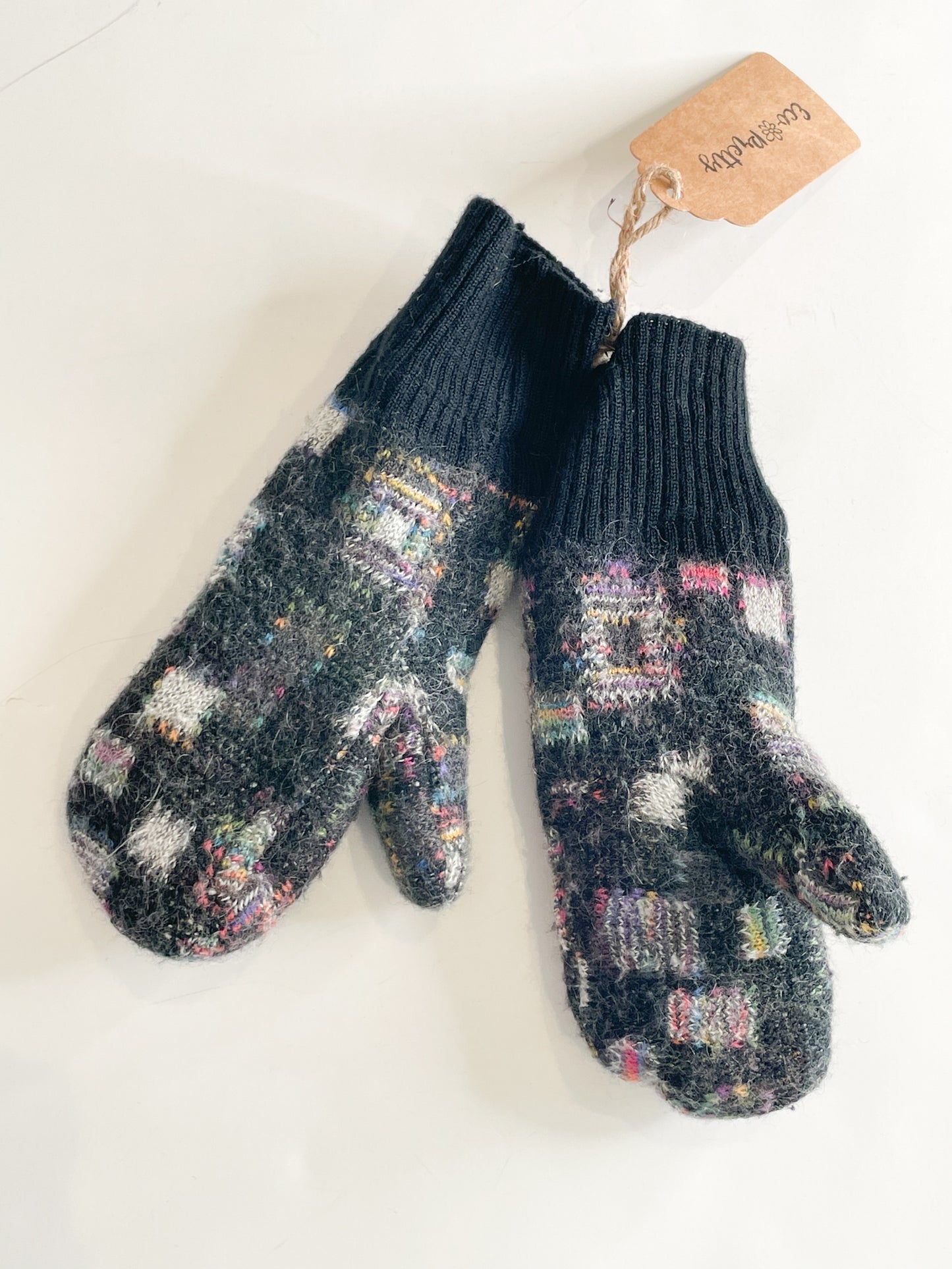 Upcycled Charcoal Rainbow Square Wool Fleece Lined Mittens