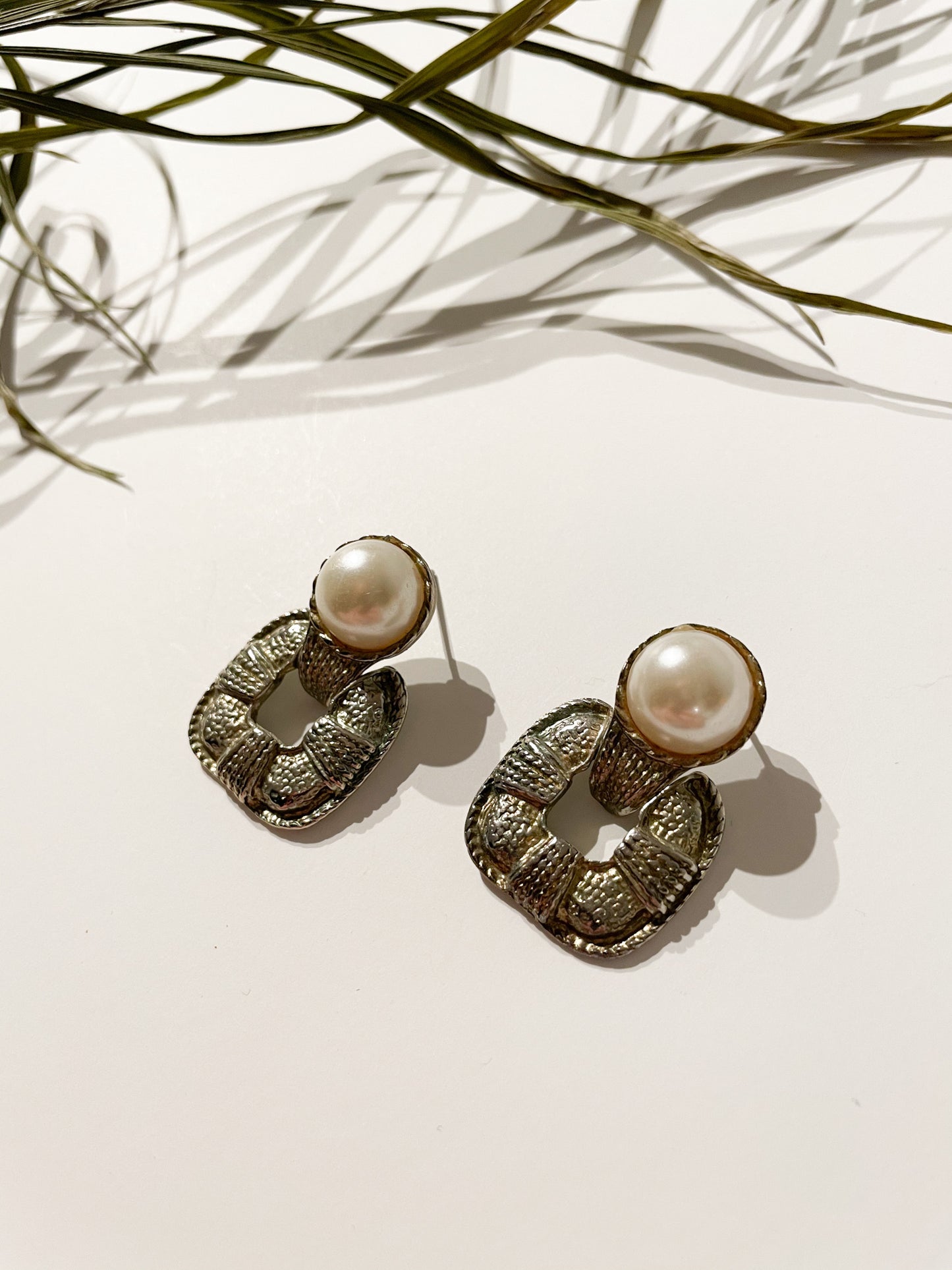 Pearl and Silver Square Rope Statement Earrings
