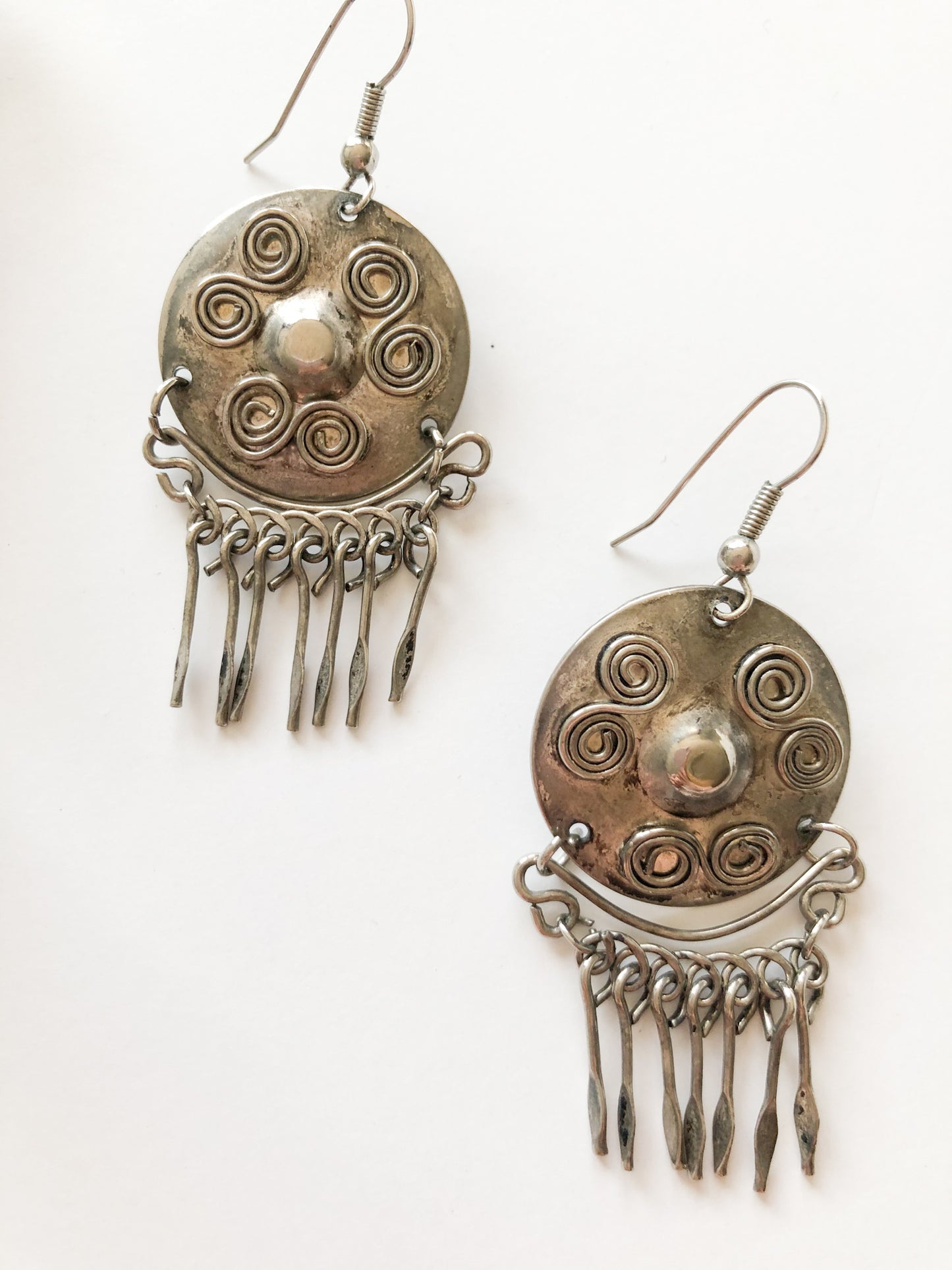 Silver Medallion Swirl Dangle Boho Earrings