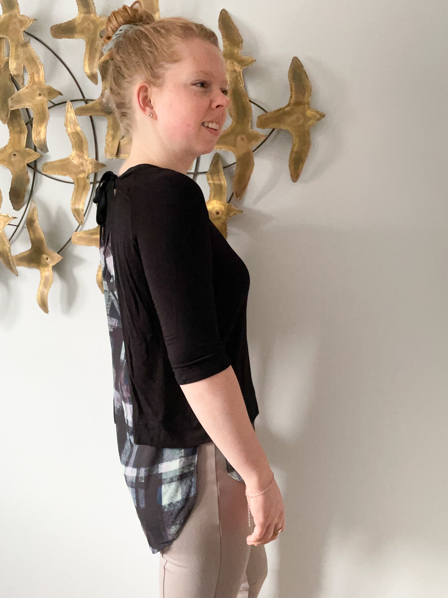 RW & Co. Black 3/4 Sleeve Plaid Tie Back Tunic Top Shirt - XS/S