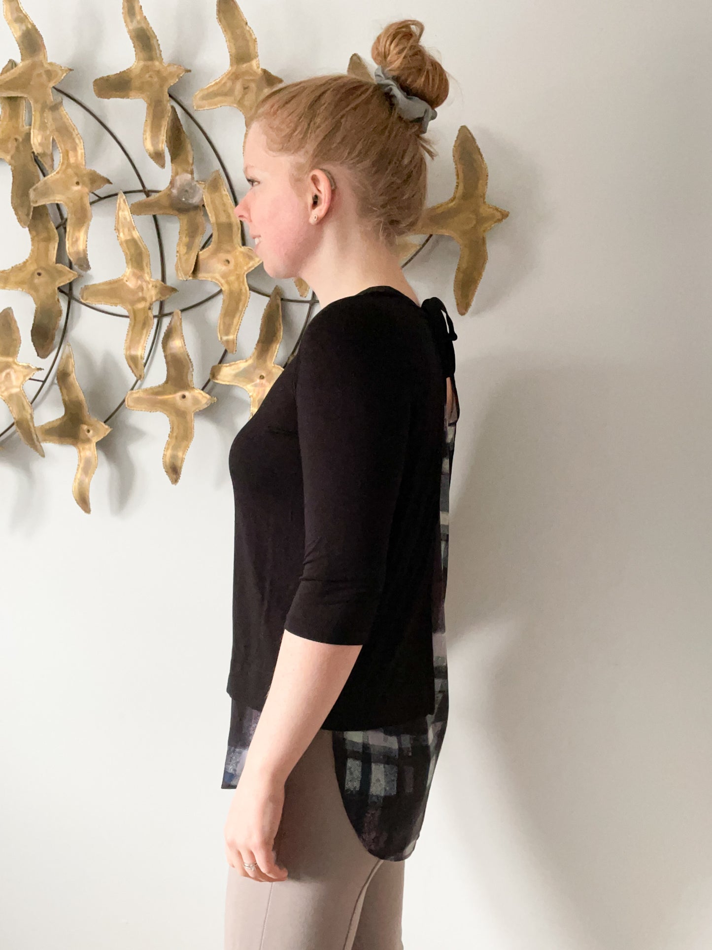 RW & Co. Black 3/4 Sleeve Plaid Tie Back Tunic Top Shirt - XS/S