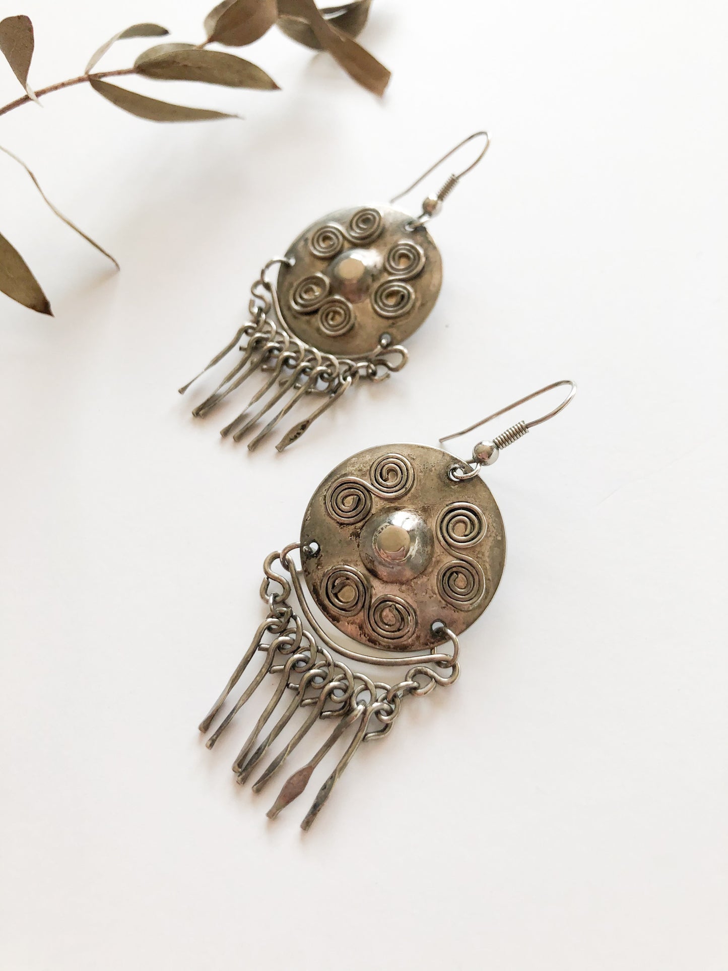 Silver Medallion Swirl Dangle Boho Earrings