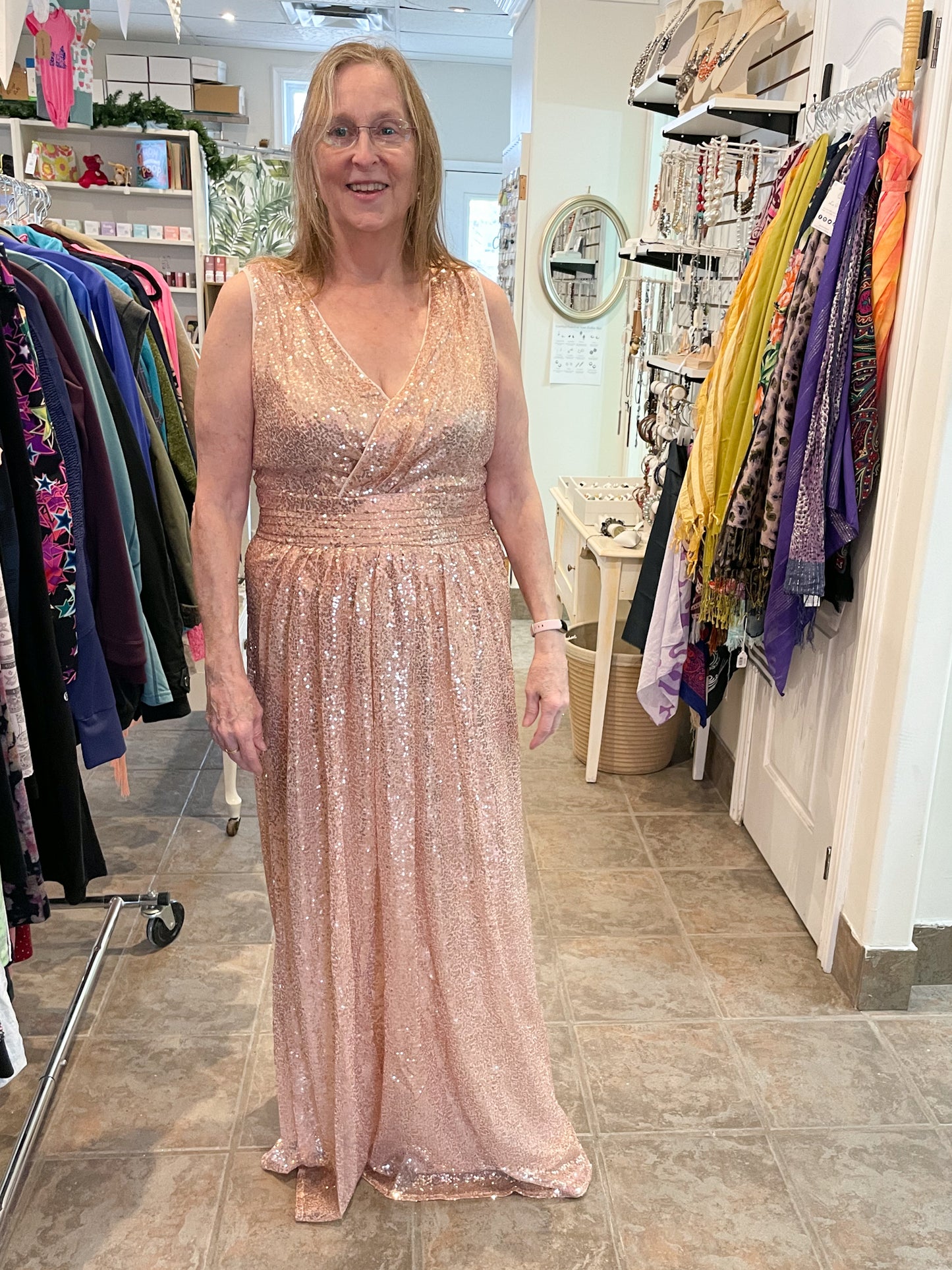 Kate Kasin Rose Gold Sequin Maxi Gown Dress NWT - Large