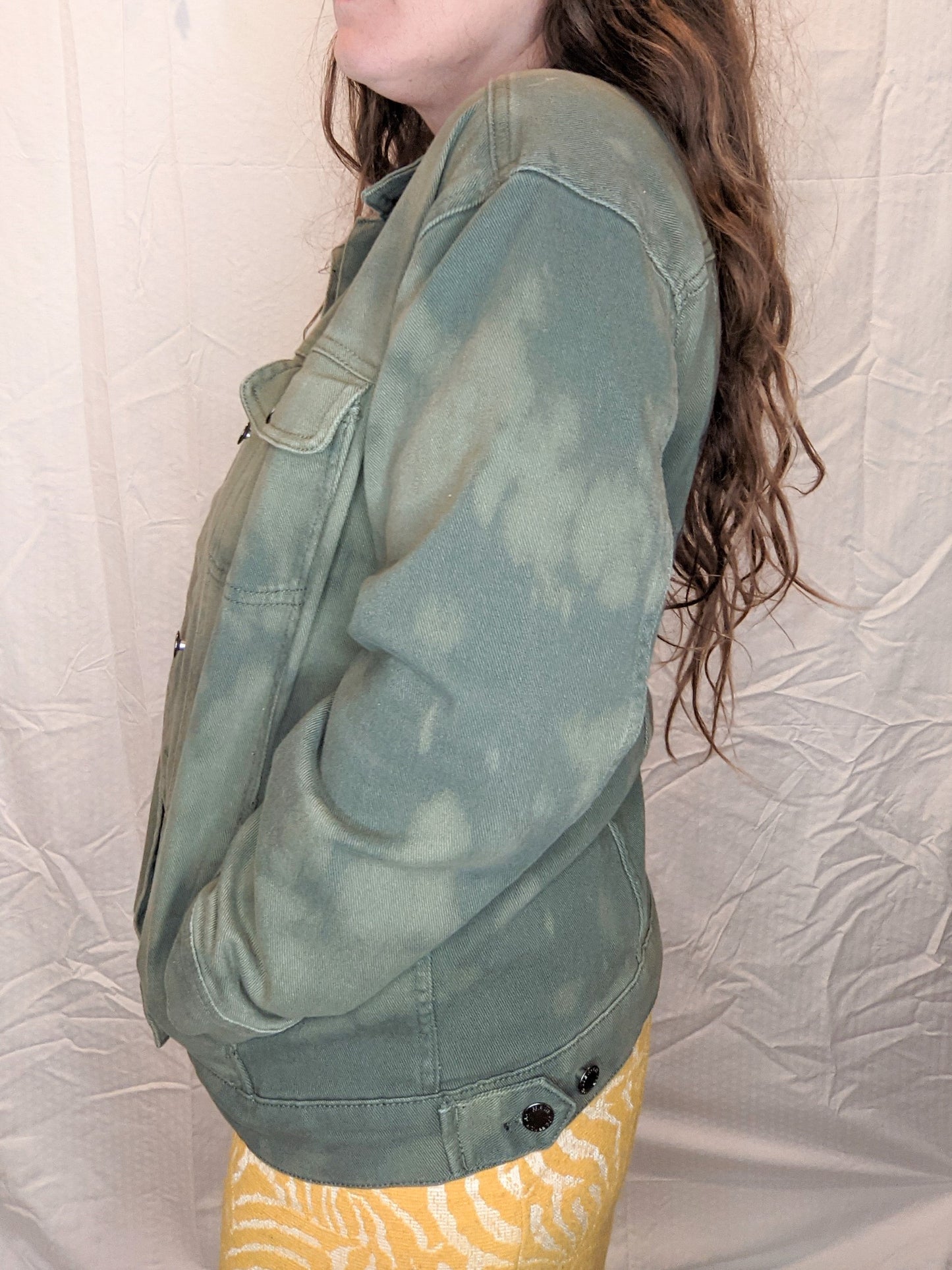 Olive Green Reverse Tie Dye Rose Hair Graphic Denim Jacket - Large