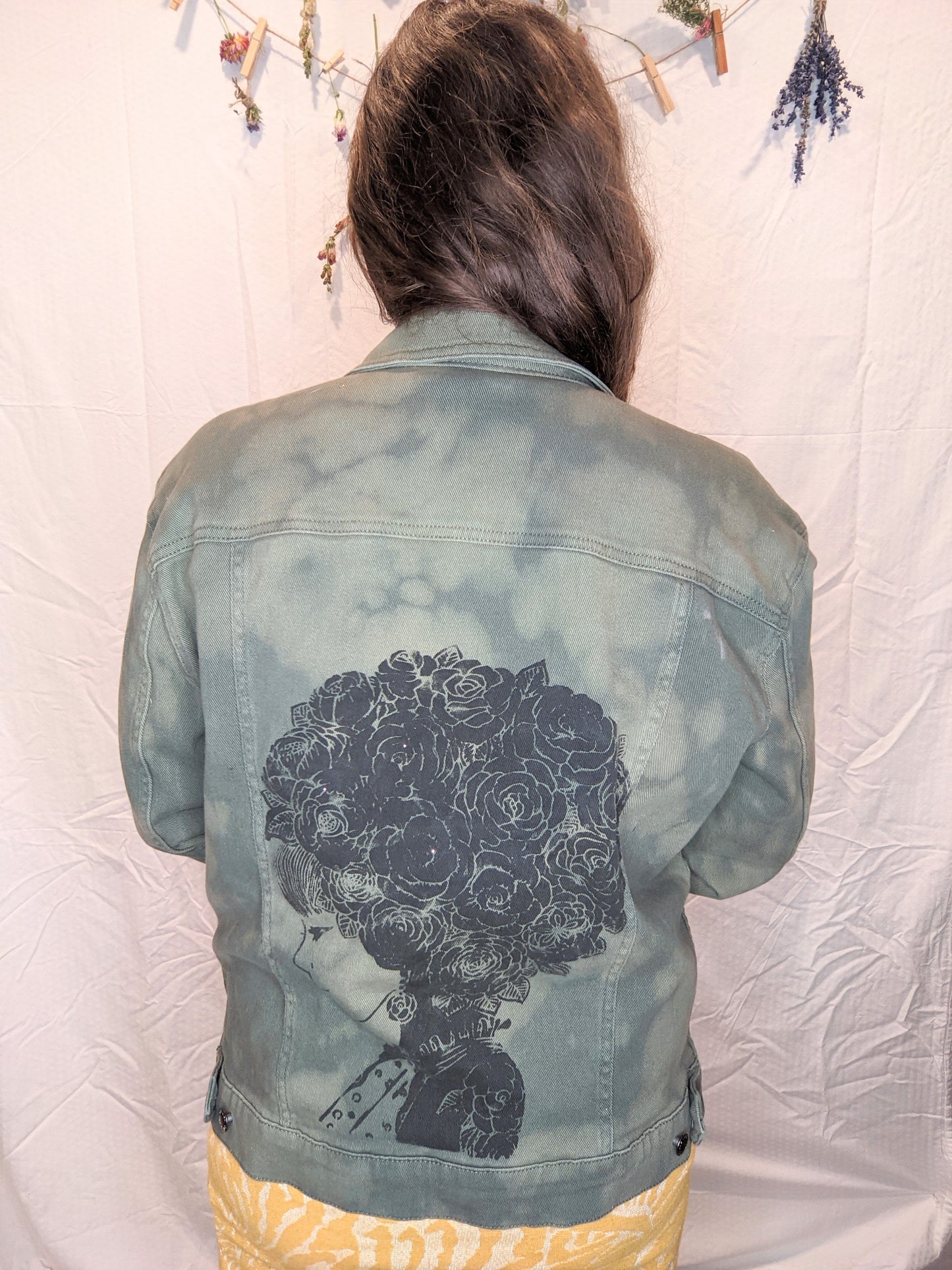 Olive Green Reverse Tie Dye Rose Hair Graphic Denim Jacket - Large