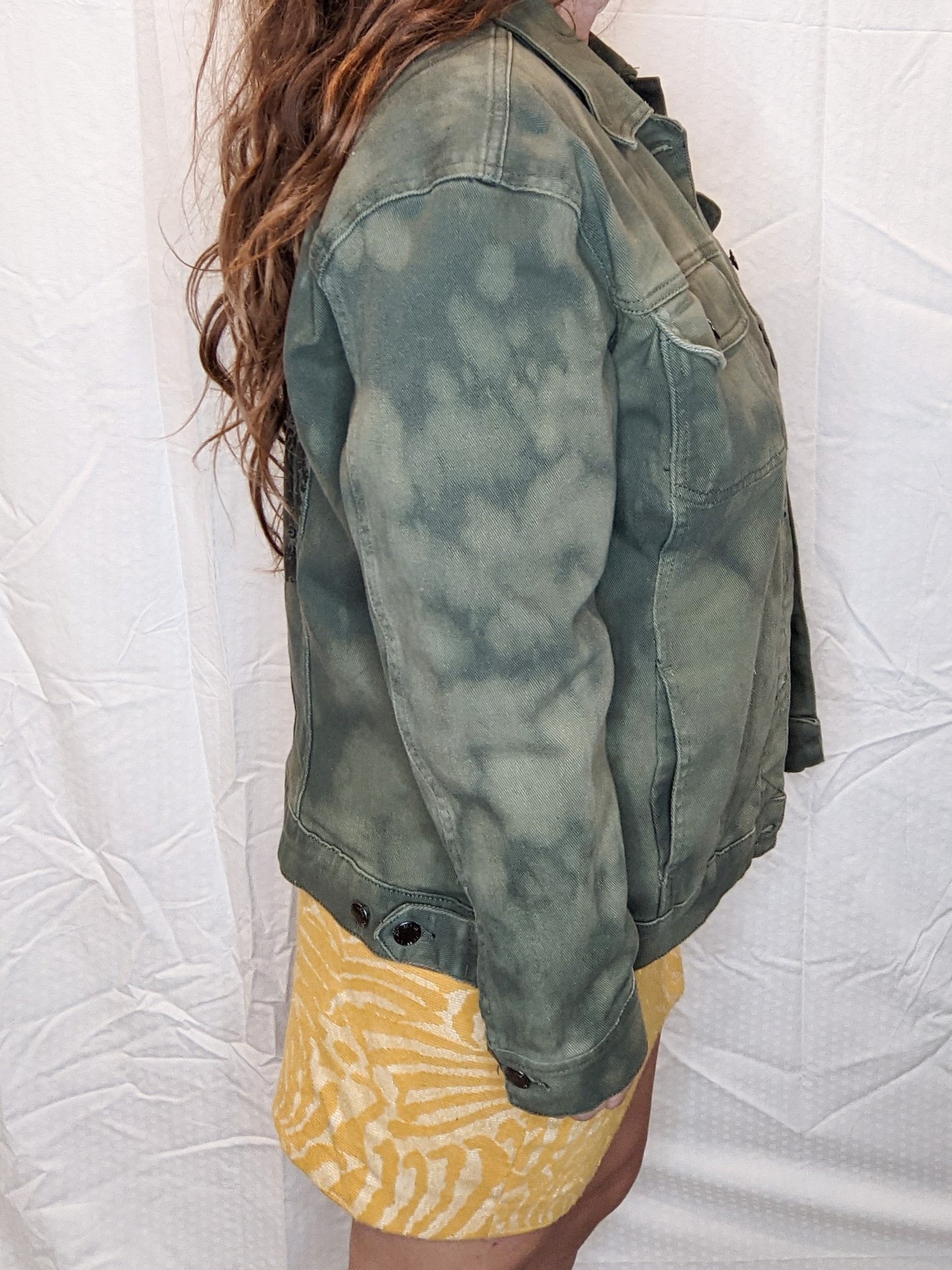 Olive Green Reverse Tie Dye Rose Hair Graphic Denim Jacket - Large