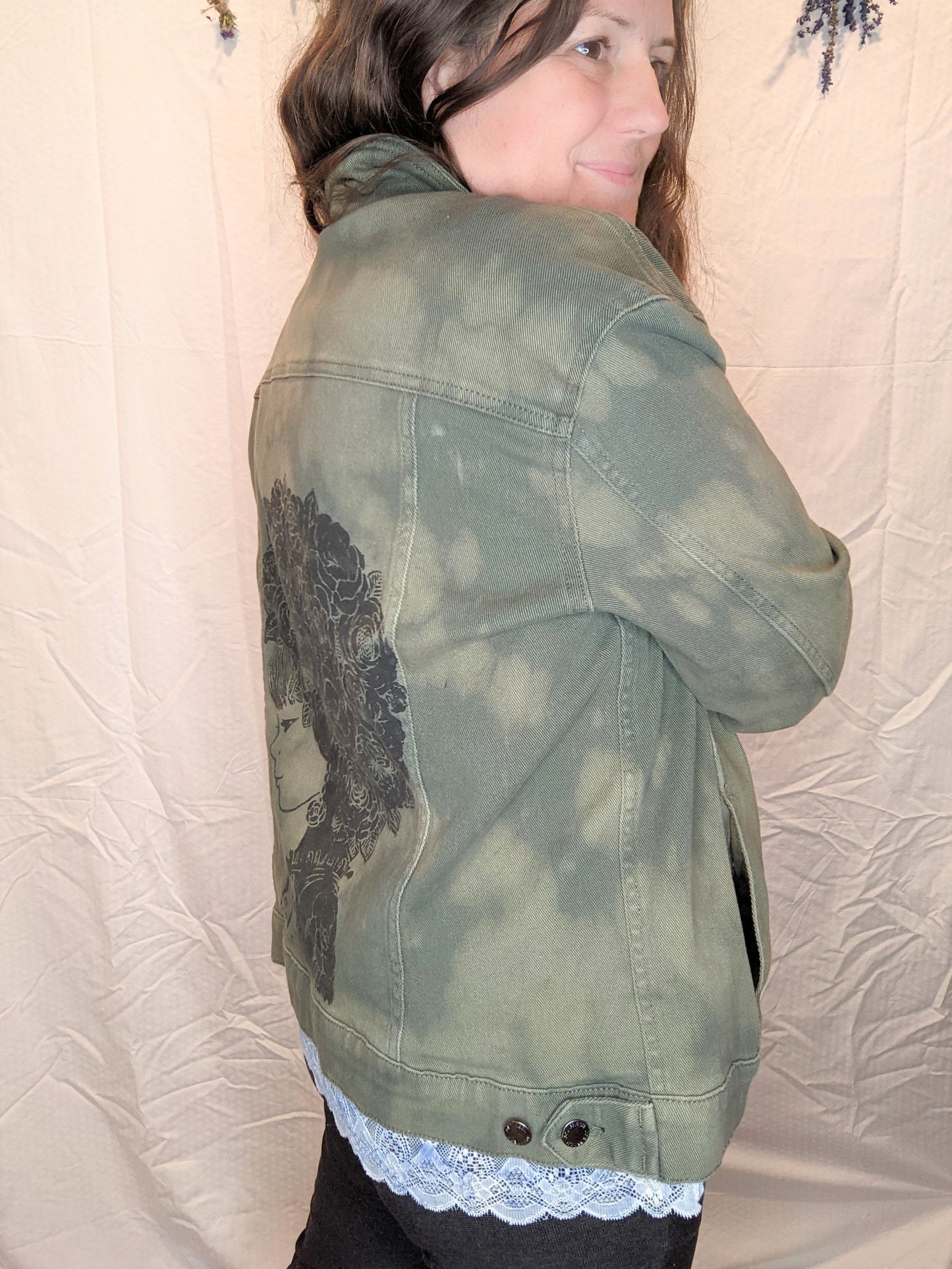 Olive Green Reverse Tie Dye Rose Hair Graphic Denim Jacket - Large