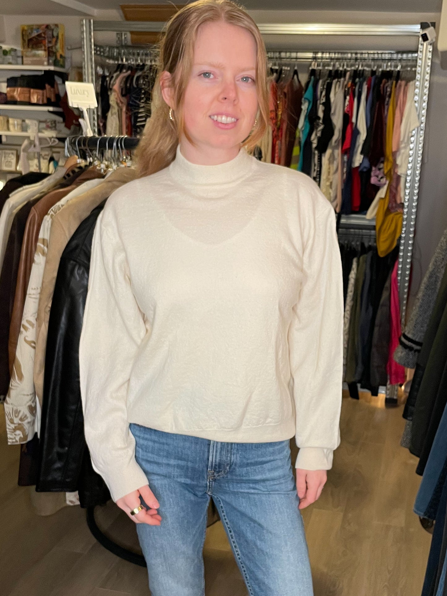 Toscano Cream 100% Merino Wool Mock Neck Sweater - XL