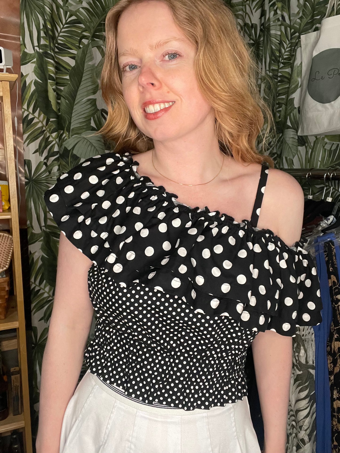 River Island Black & White Polka Dot One-Shoulder Cotton Ruffle Top – S/M