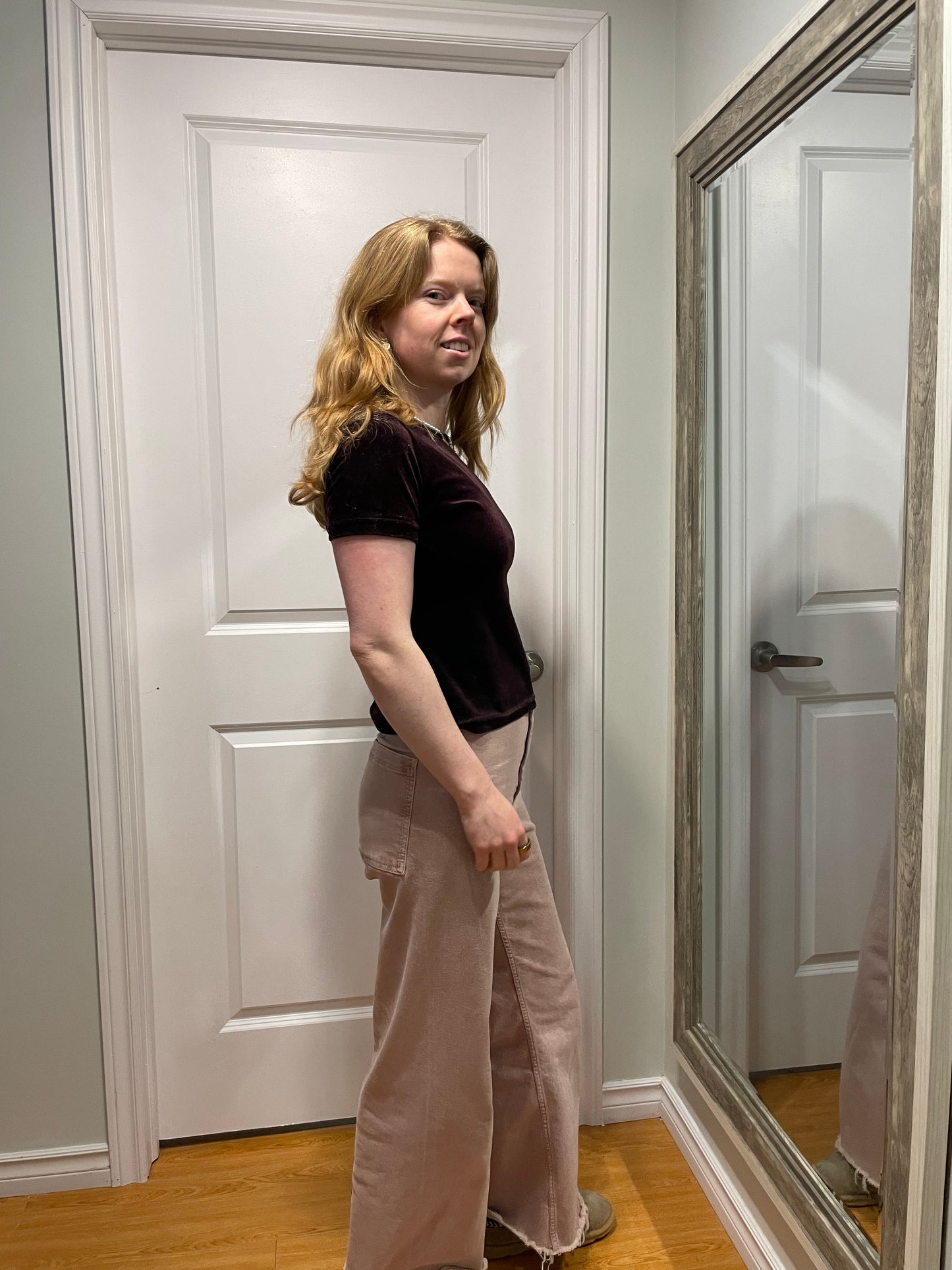 Zig Zag Burgundy Velvet Stretch T-Shirt – Vintage 1990s – XS/Small