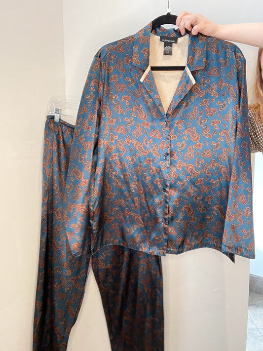 Jones New York Satin Dark Blue Paisley Pajama Set - Large