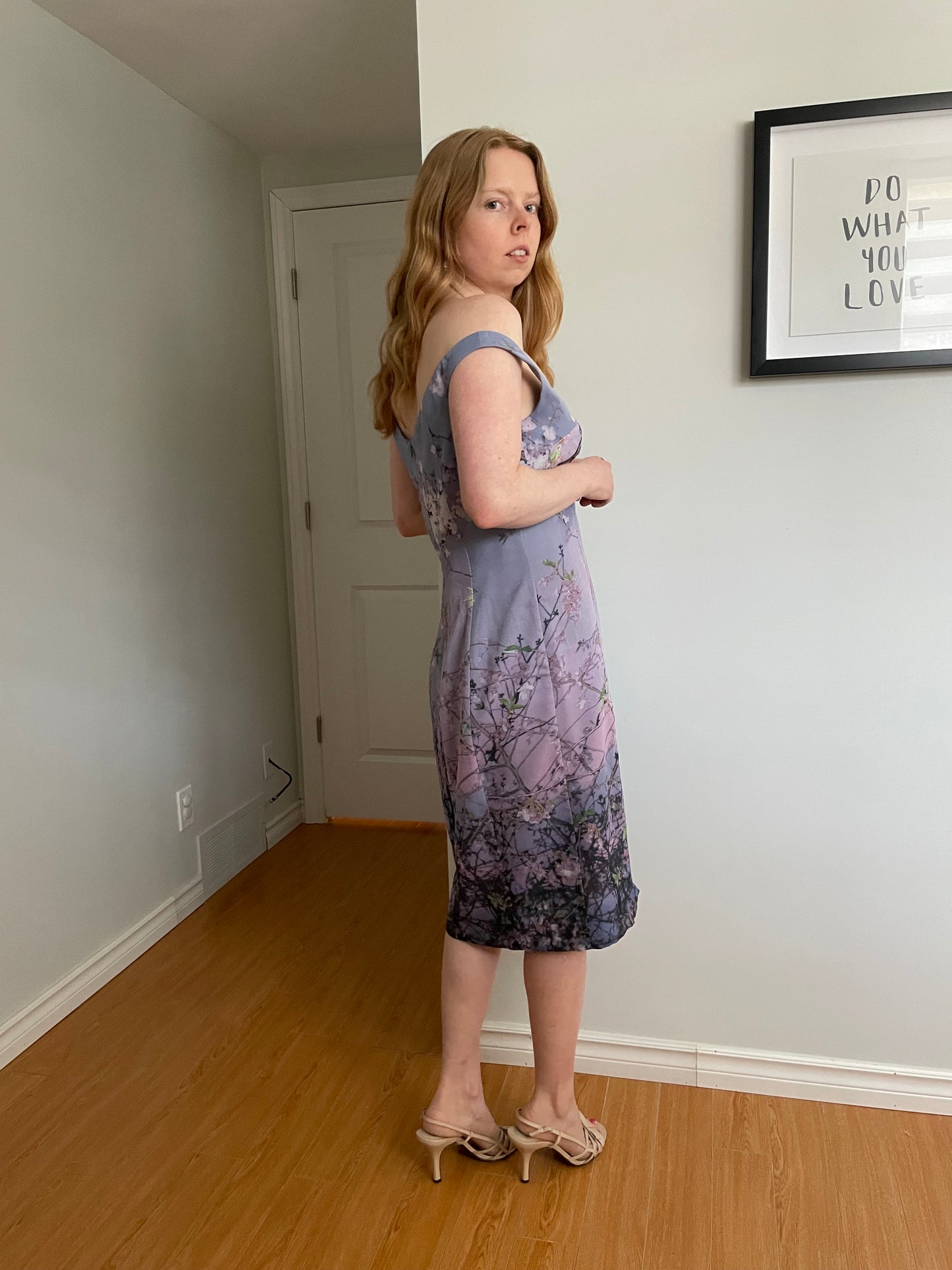 Pam Chorley’s Fashion Crimes Lilac Cherry Blossom 100% Silk Off-Shoulder Dress - Medium