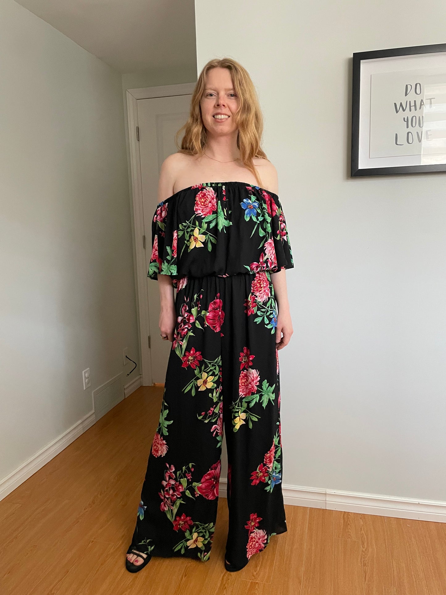 Joseph Ribkoff Black Floral Off-Shoulder Wide Leg Jumpsuit - Size 14