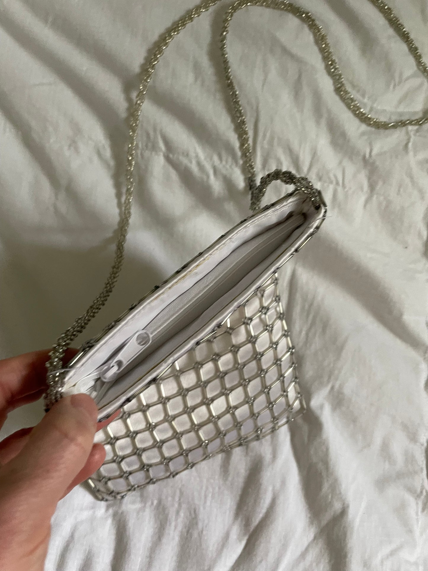 Silver Satin Beaded Mesh Shoulder Bag