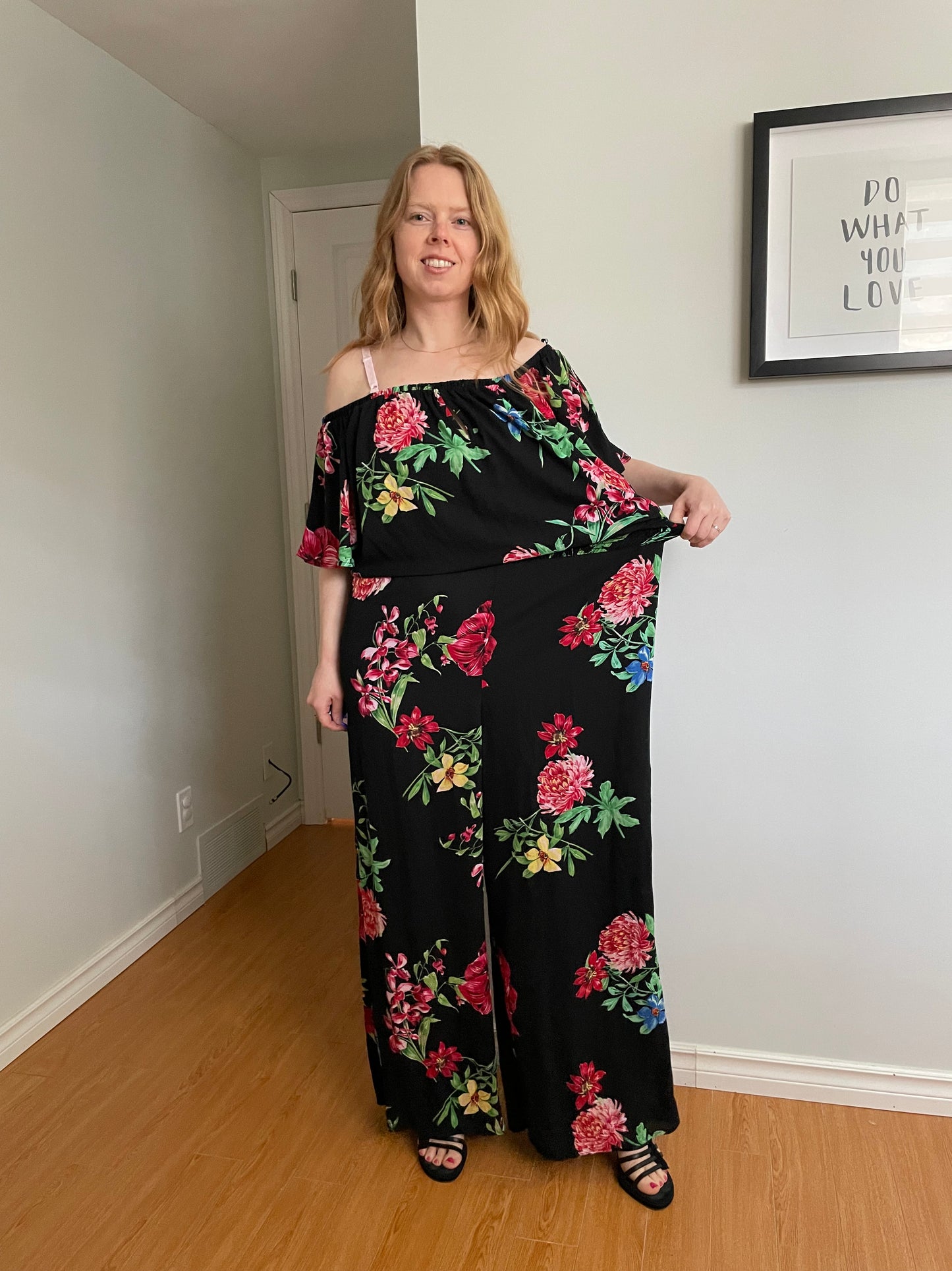 Joseph Ribkoff Black Floral Off-Shoulder Wide Leg Jumpsuit - Size 14