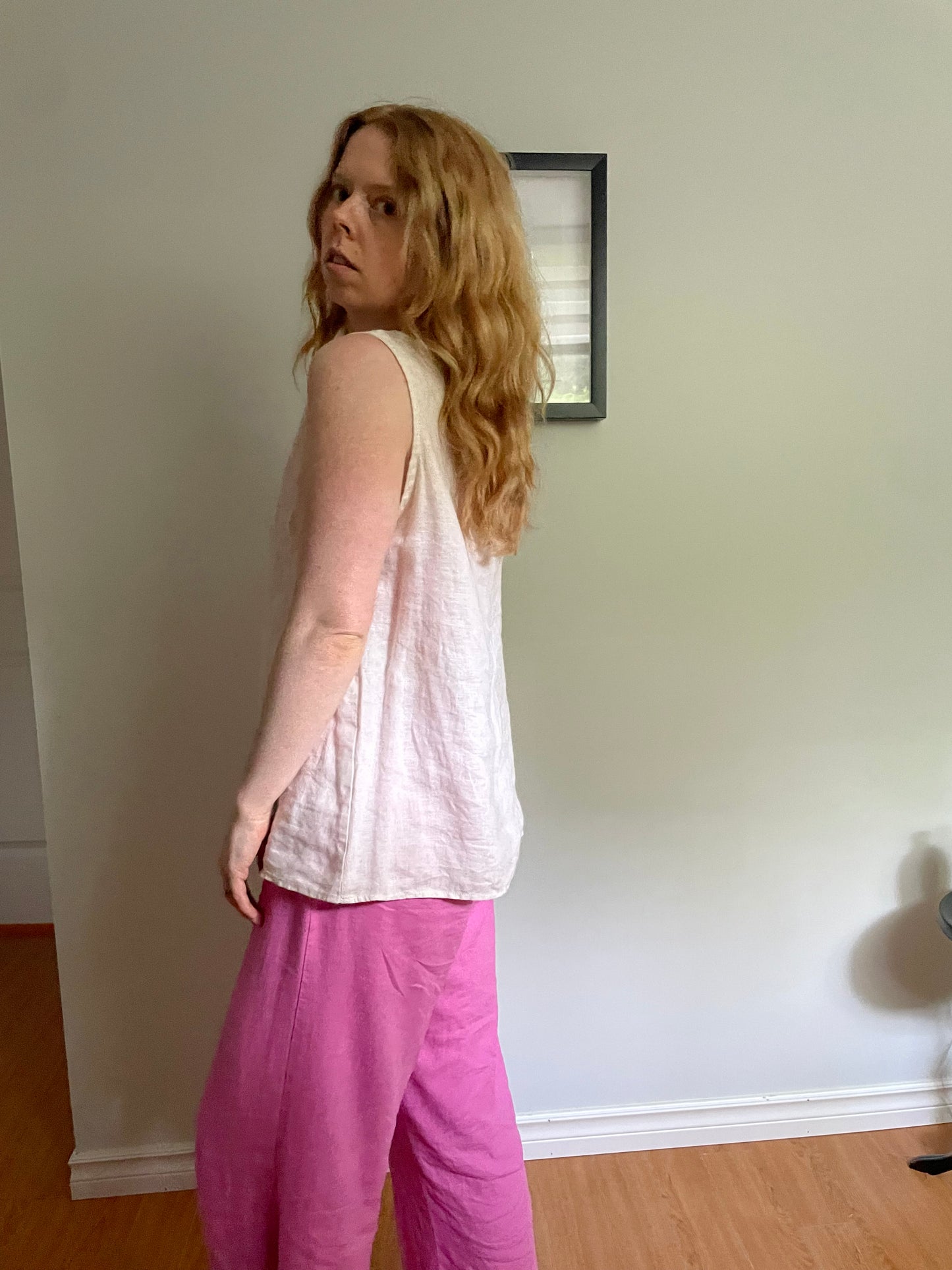 Oatmeal 100% Linen Sleeveless V-Neck Top - Large
