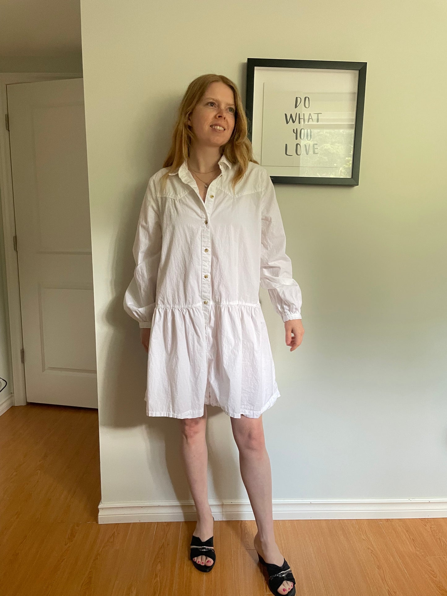 White Cotton Button-Front Tiered Shirt Dress – Medium