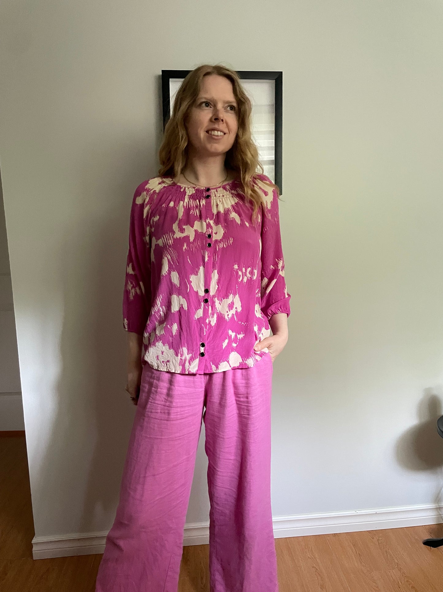 Yumi Kim – Fuchsia & Cream Abstract Print Silk Blouse – XS/S