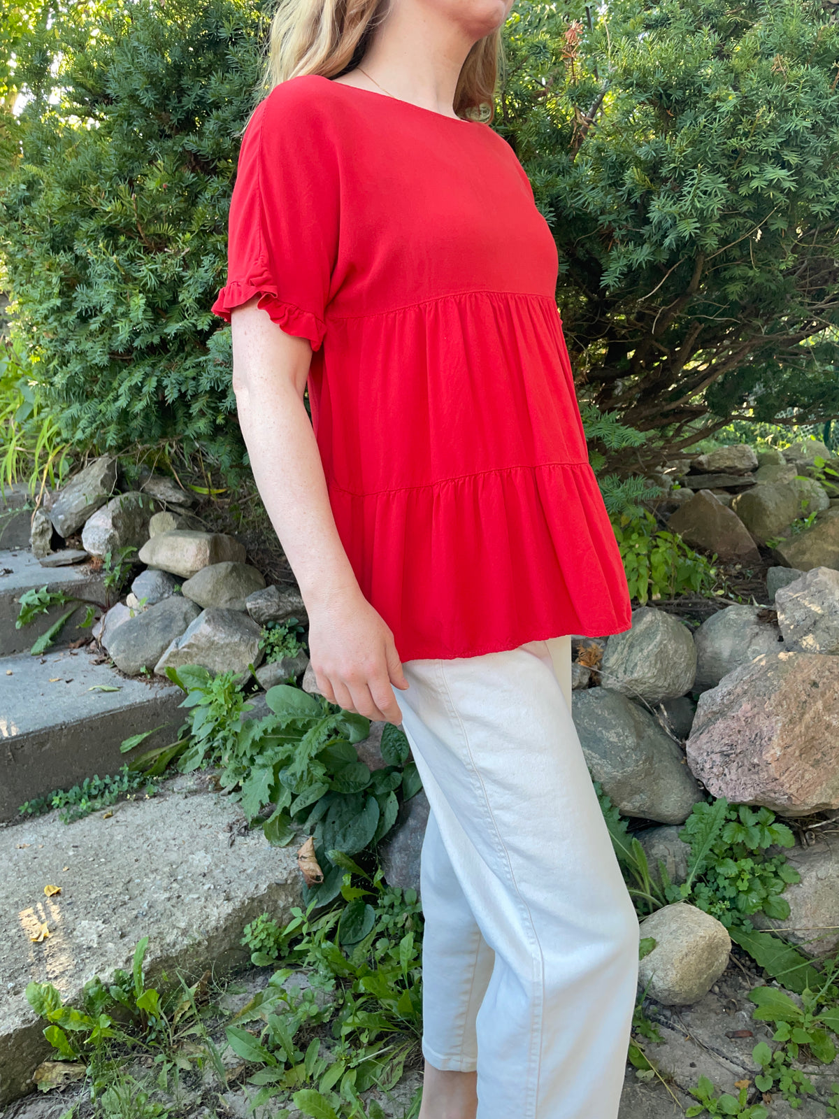 Red Hand-Embroidered Tiered Blouse – M/L
