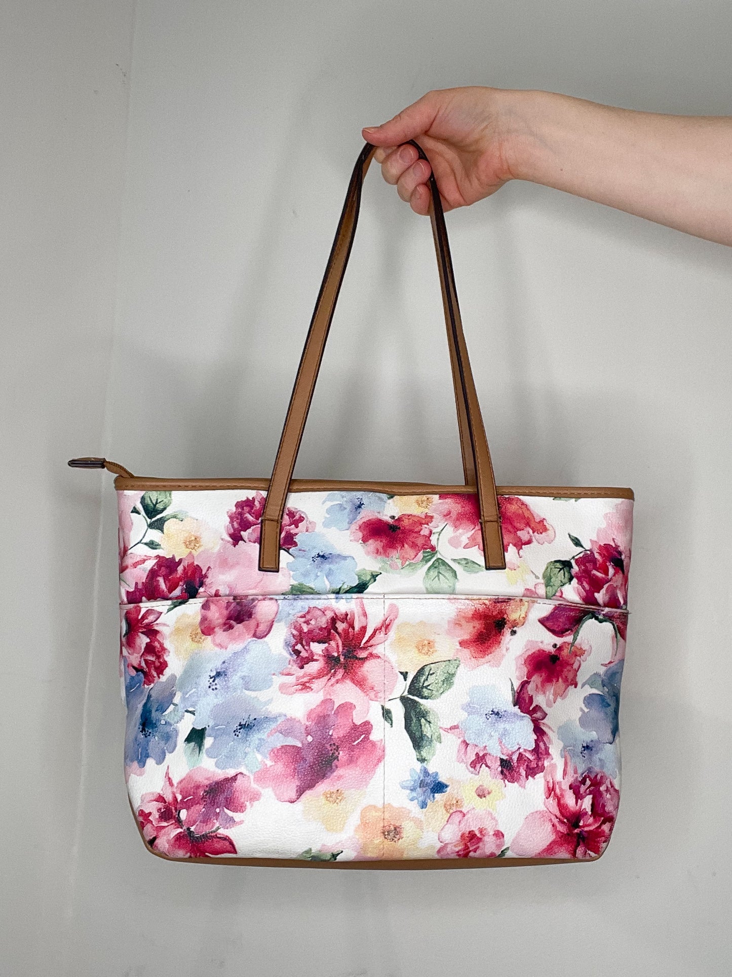 Pink Floral Zipper Tote Bag