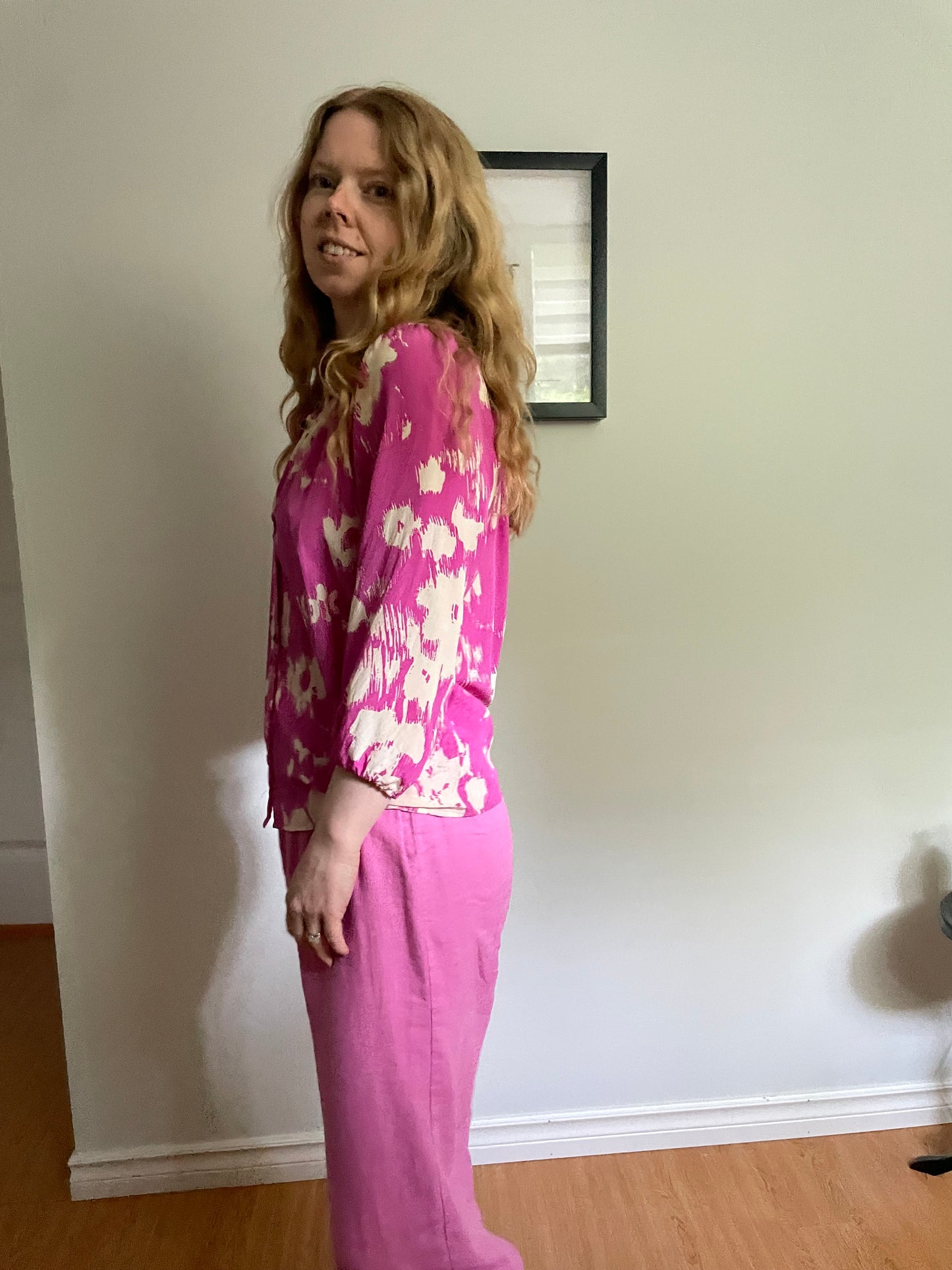 Yumi Kim – Fuchsia & Cream Abstract Print Silk Blouse – XS/S