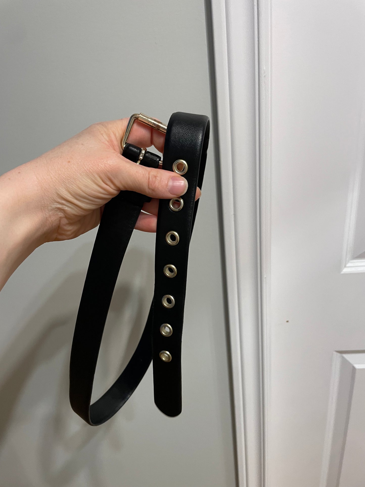 Black Synthetic Leather Gold Grommet Belt – S/M