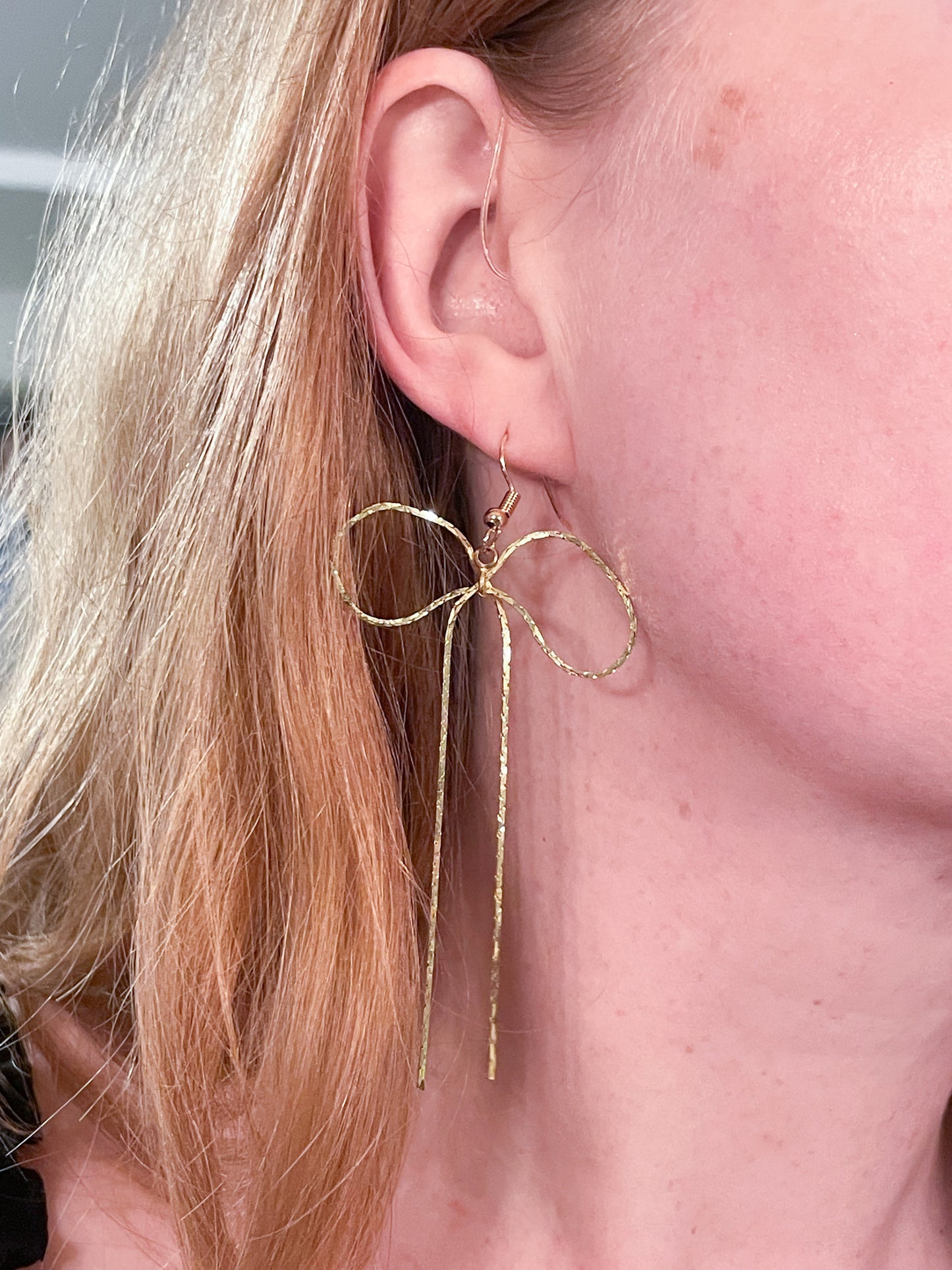 Gold Ribbon Bow Dangle Earrings – 18K Gold Plated Hooks