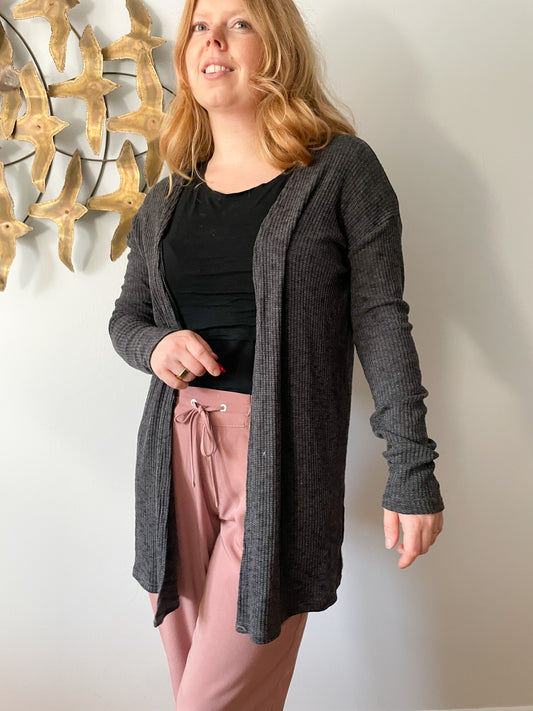 Charcoal Grey Relaxed Open Long Cardigan Sweater - S/M