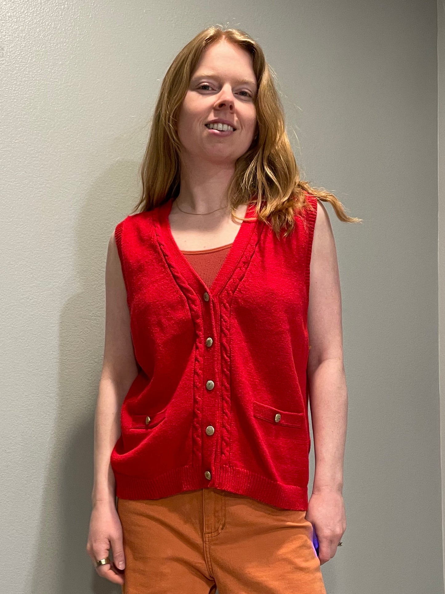 Vintage Sag Harbor Red Button-Front Ramie Cotton Knit Vest – Large