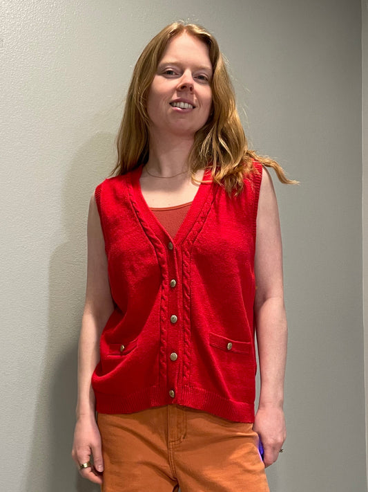 Vintage Sag Harbor Red Button-Front Ramie Cotton Knit Vest – Large