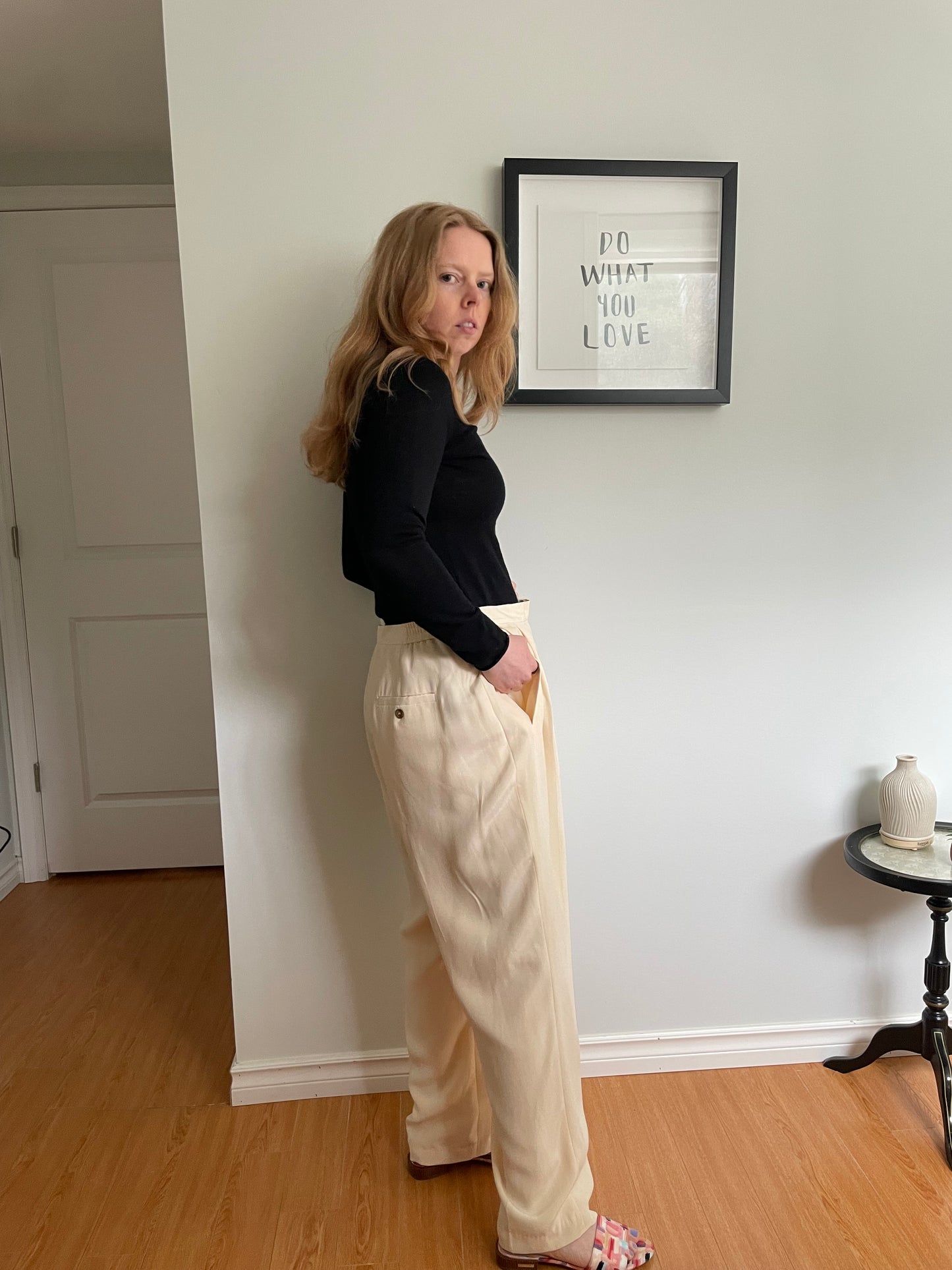Evan-Picone Cream Vintage Silk Wide-Leg Lined Pants - 14W