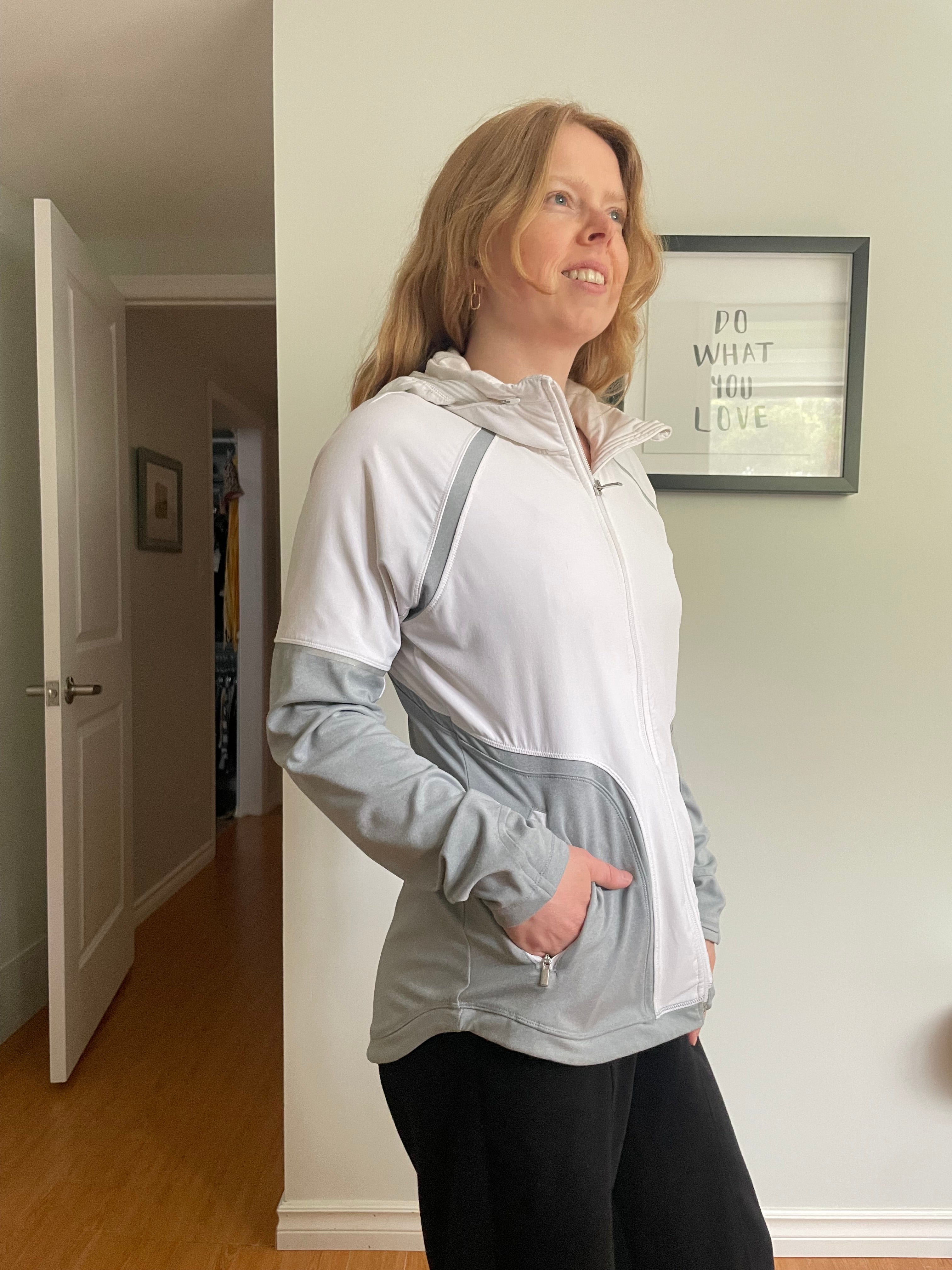 Athleta Cream & Grey Performance Zip-Up Hooded Jacket – Size