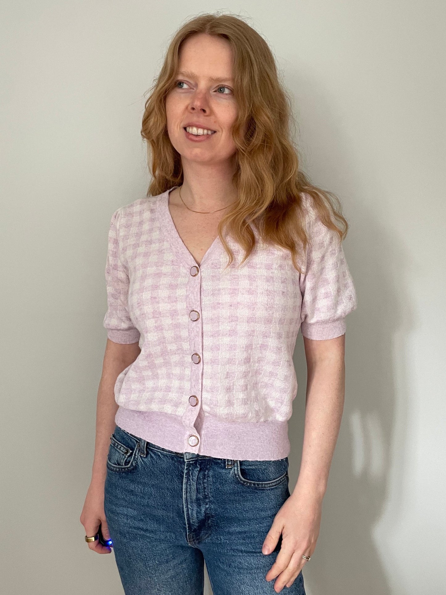 Heartloom Pink Gingham Knit Button-Up Cardigan Knit - Small