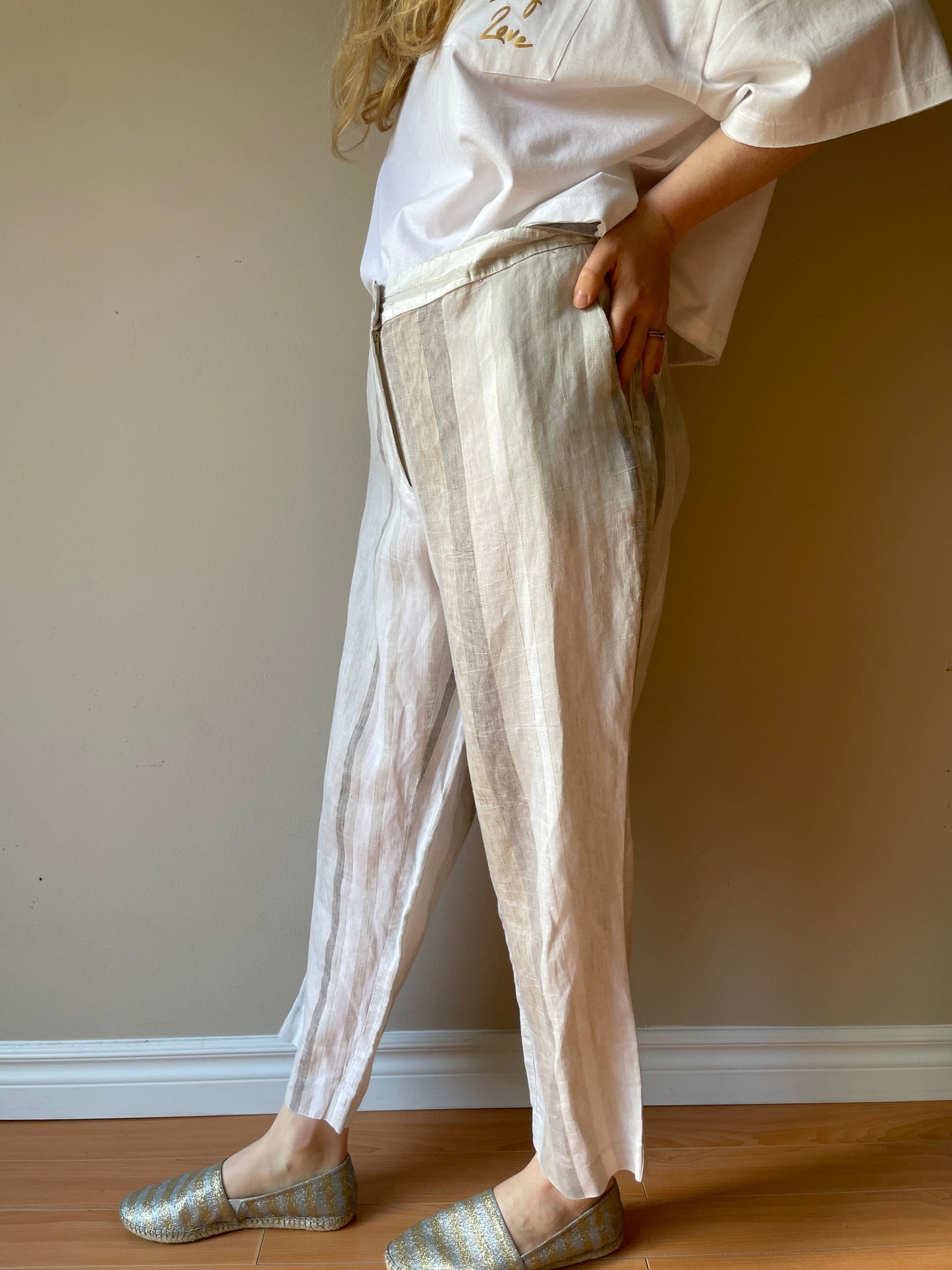 Cannella Beige Metallic Stripe Linen High Rise Cropped Pants - EU 48 (Large)