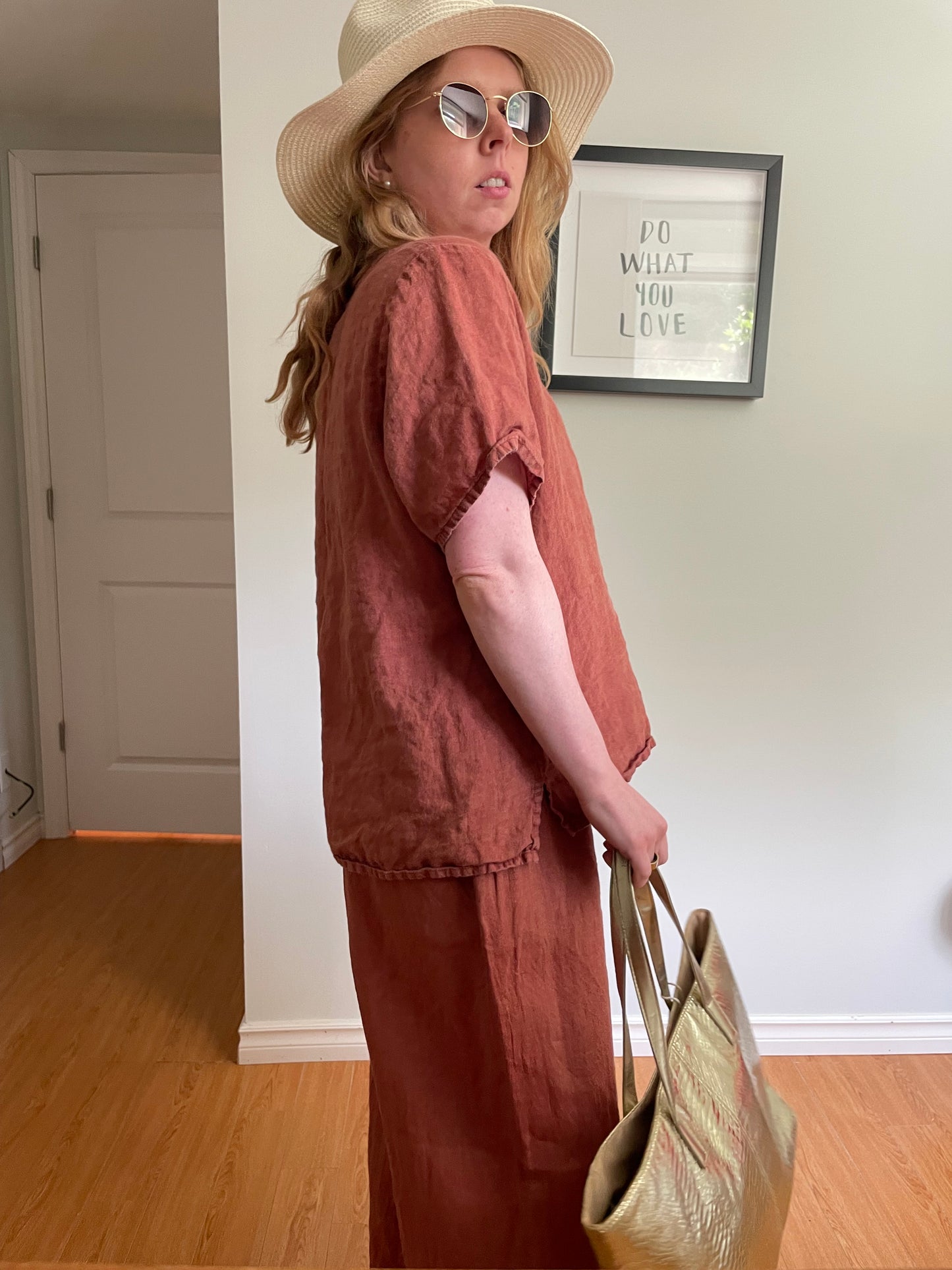 FLAX – Terracotta Linen Top & Wide-Leg Pants Set – M/S